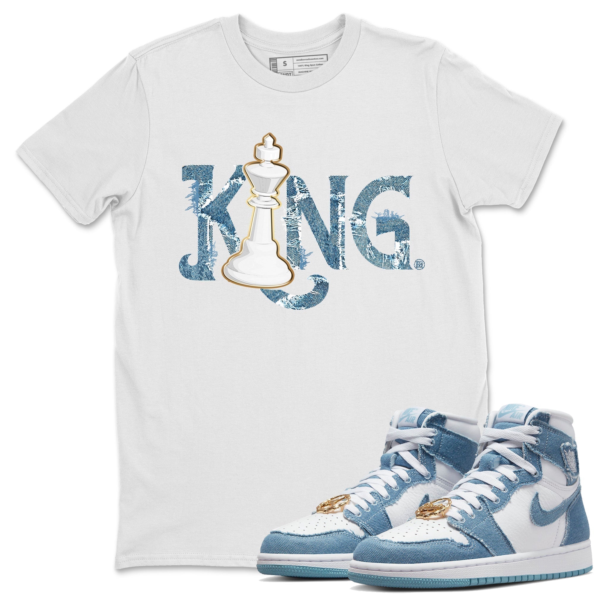 Jordan 1 Denim Sneaker Matching T-Shirt Chess King Sneaker Tees Jordan 1 Denim Sneaker Release Tees Crew Neck Tees