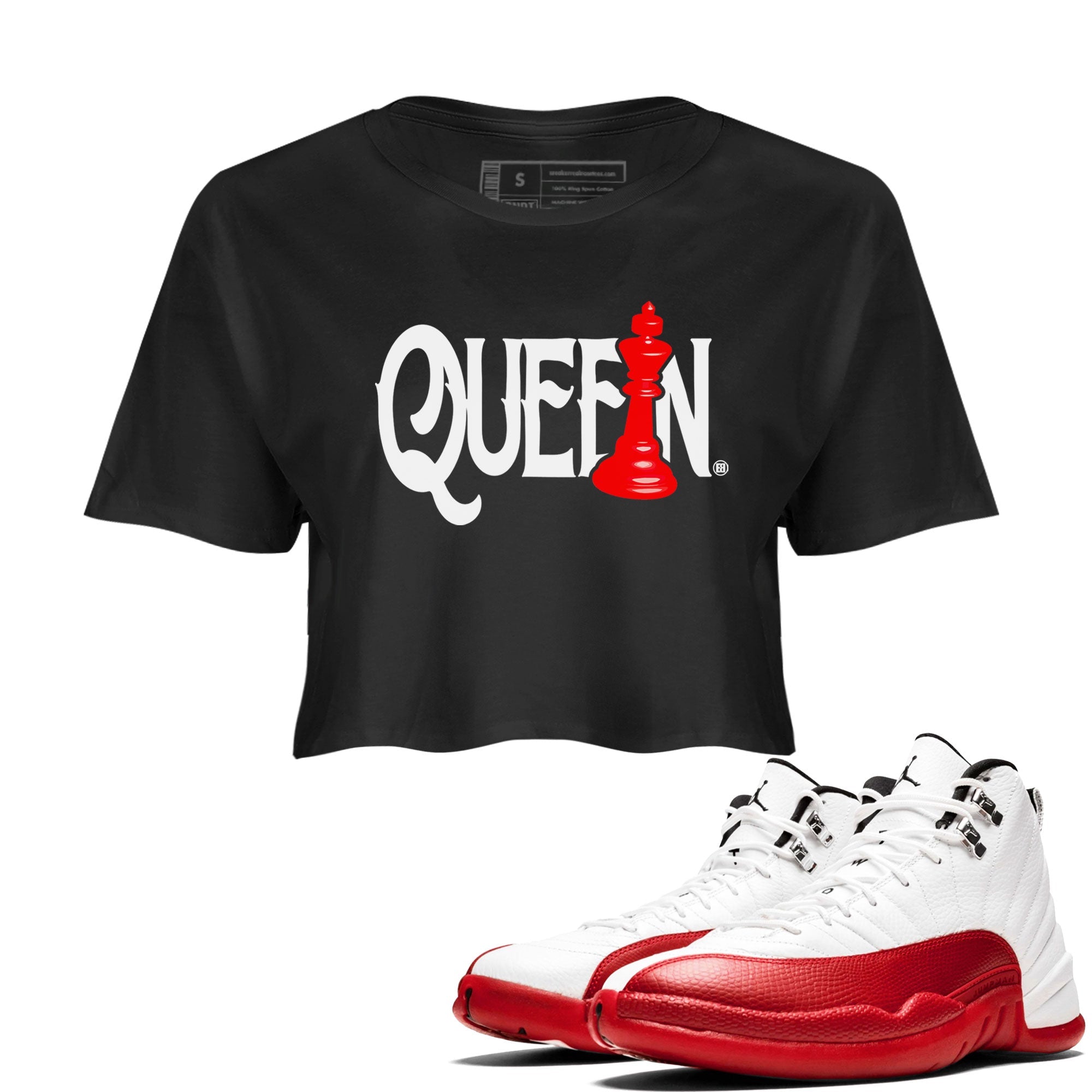 12s Cherry shirt to match jordans Chess Queen sneaker tees AJ12 Retro Cherry Drip Gear Zone Black 1 crop length shirt
