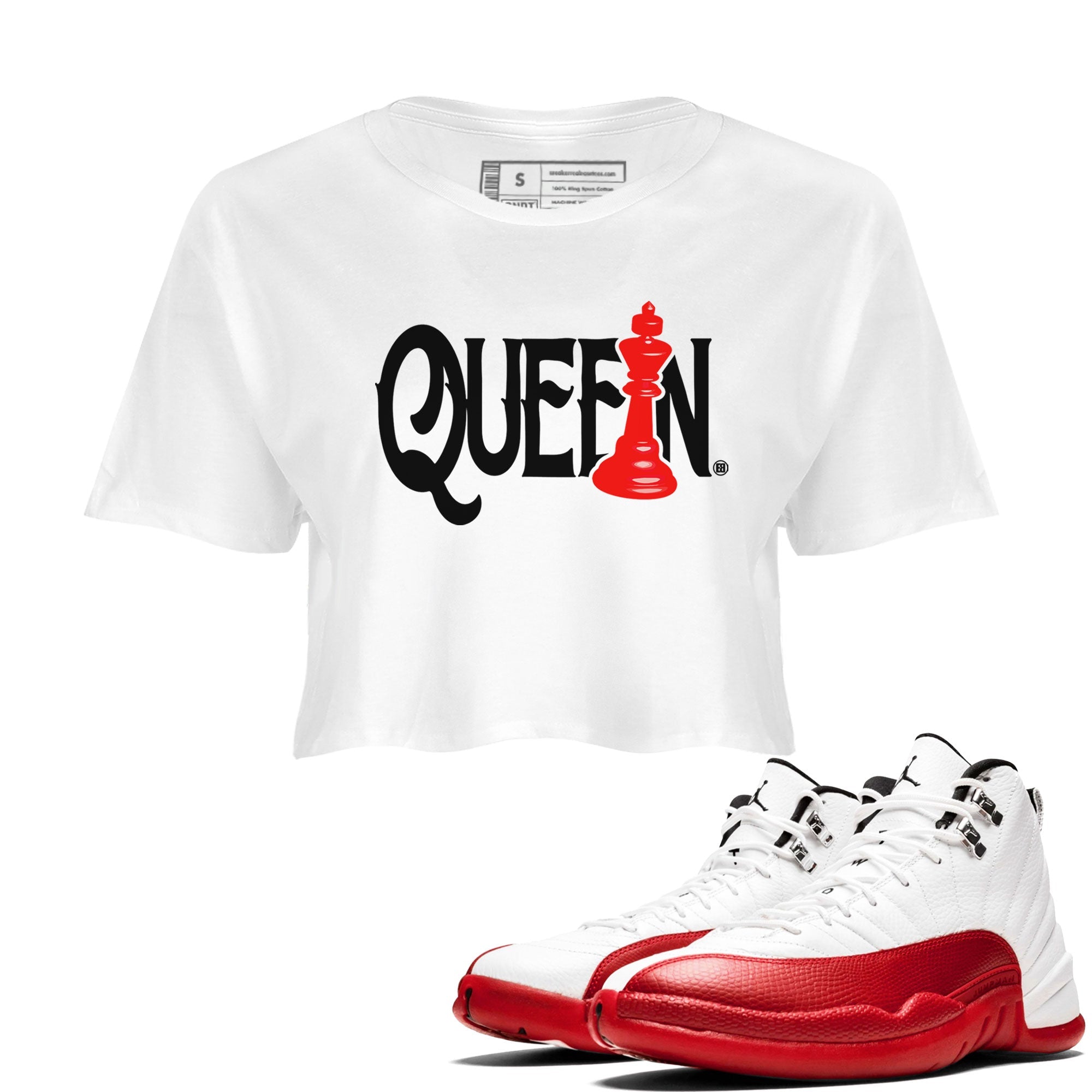 12s Cherry shirt to match jordans Chess Queen sneaker tees AJ12 Retro Cherry Drip Gear Zone White 1 crop length shirt