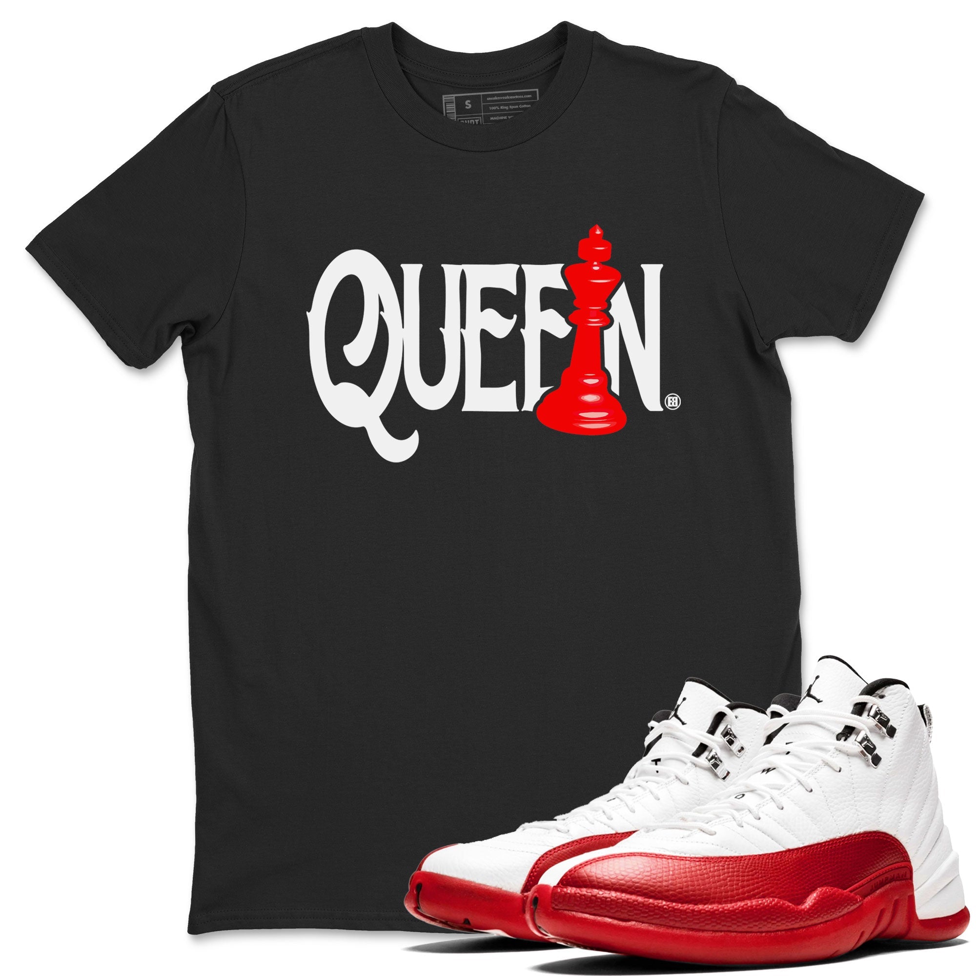 12s Cherry shirt to match jordans Chess Queen sneaker tees AJ12 Retro Cherry Drip Gear Zone unisex cotton Black 1 crew neck shirt