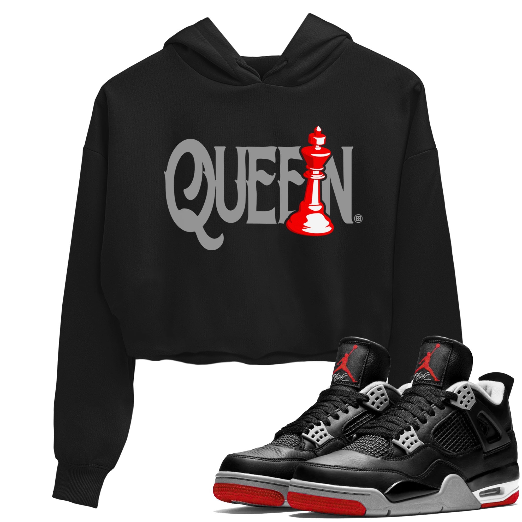 Air Jordan 4 Bred Reimagined shirt to match jordans Chess Queen sneaker shirts AJ4 Bred Reimagined Drip Gear Zone Black 1 crop shirt