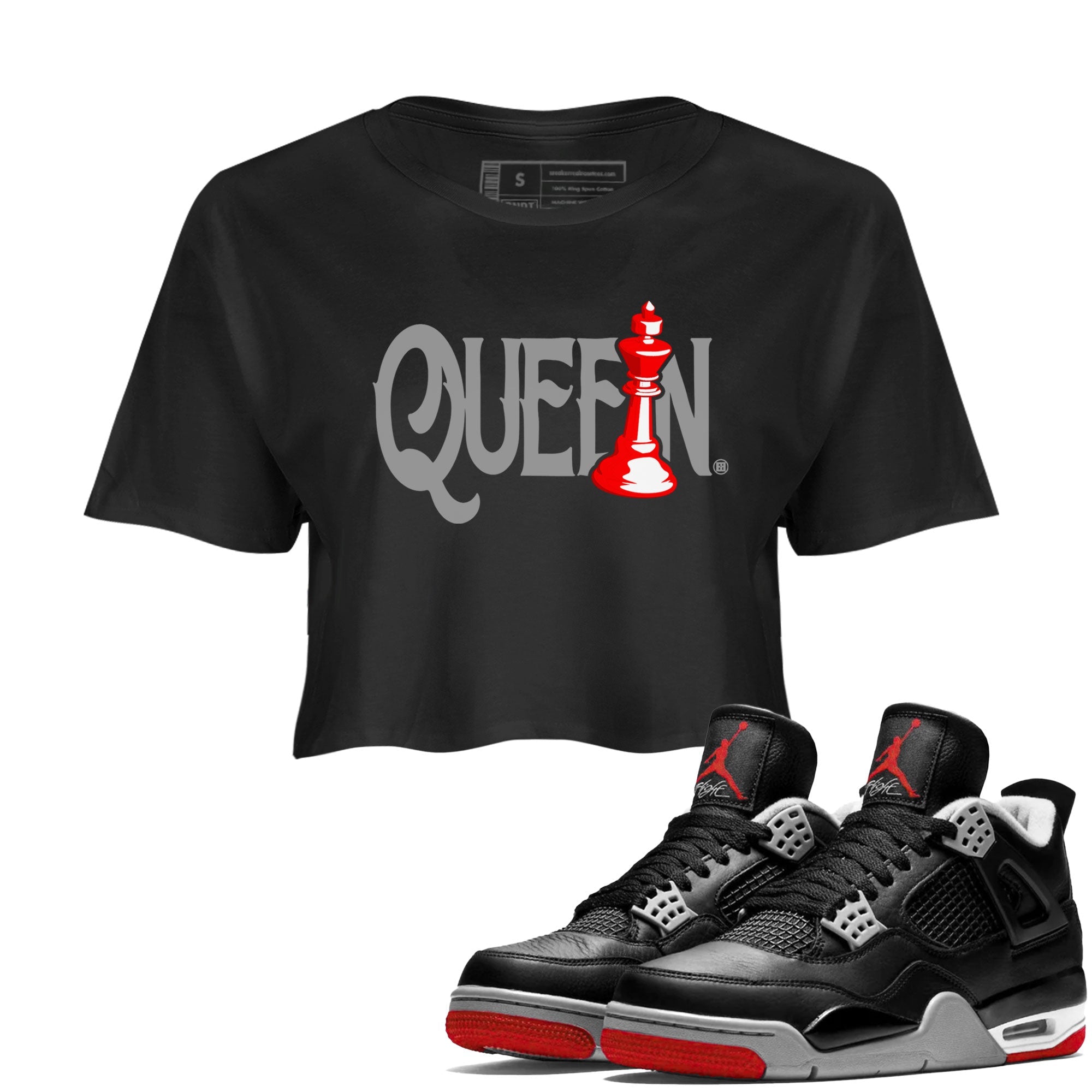 Air Jordan 4 Bred Reimagined shirt to match jordans Chess Queen sneaker shirts AJ4 Bred Reimagined Drip Gear Zone Black 1 crop shirt