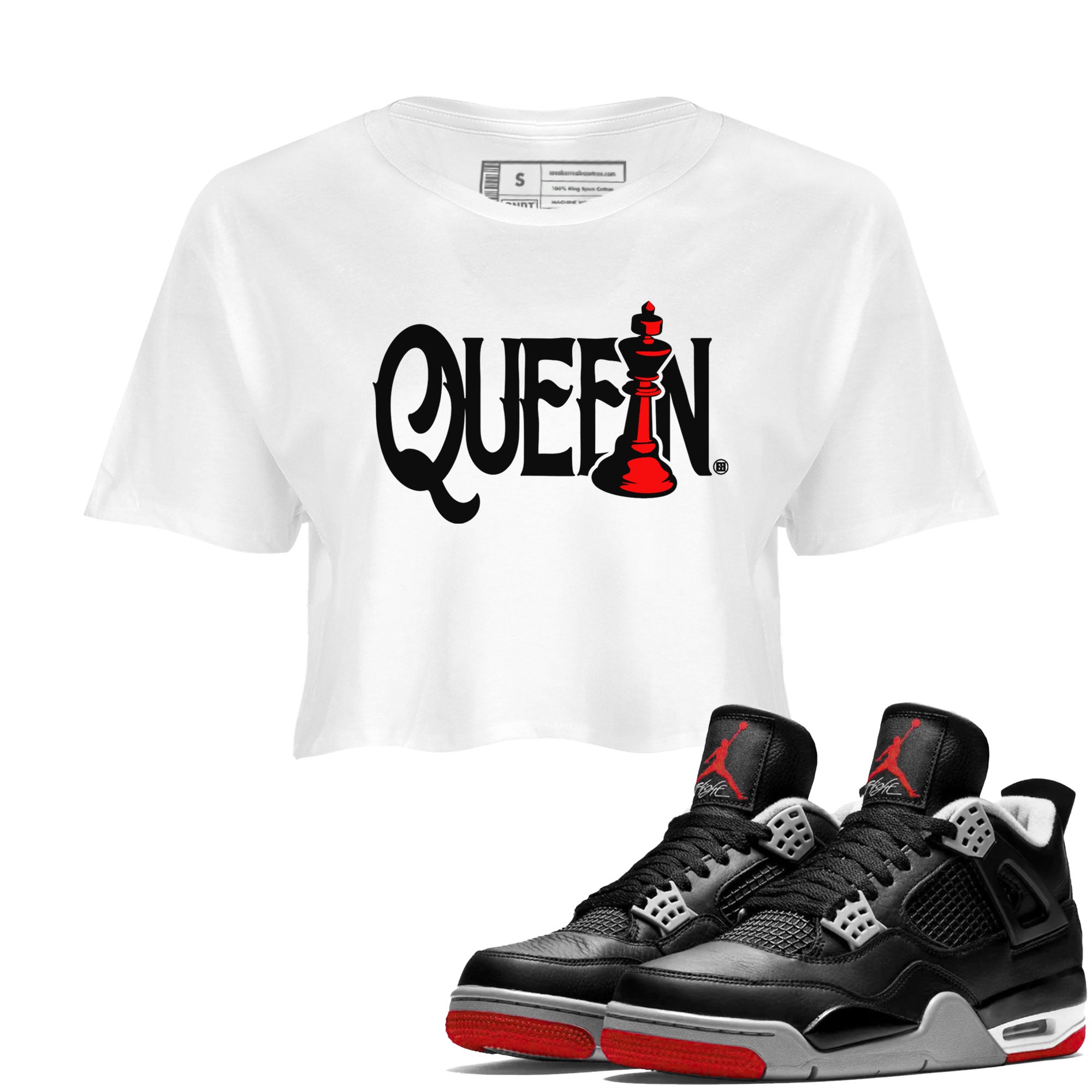 Air Jordan 4 Bred Reimagined shirt to match jordans Chess Queen sneaker shirts AJ4 Bred Reimagined Drip Gear Zone White 1 crop shirt