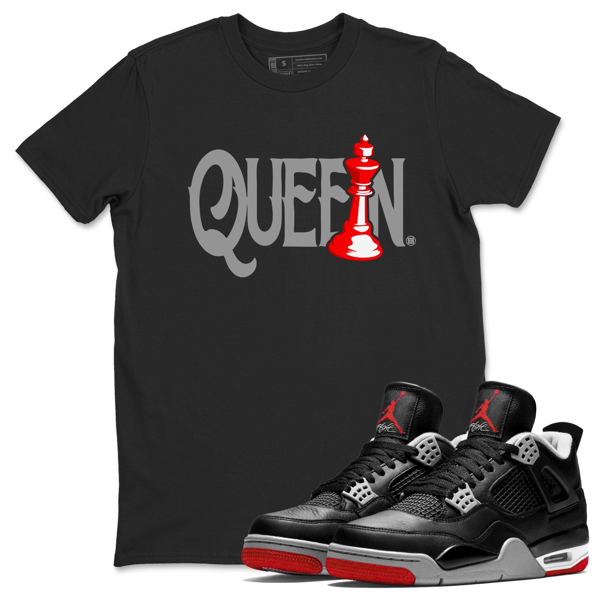 Air Jordan 4 Bred Reimagined shirt to match jordans Chess Queen sneaker shirts AJ4 Bred Reimagined Drip Gear Zone unisex crew neck cotton Black 1 crew neck shirt