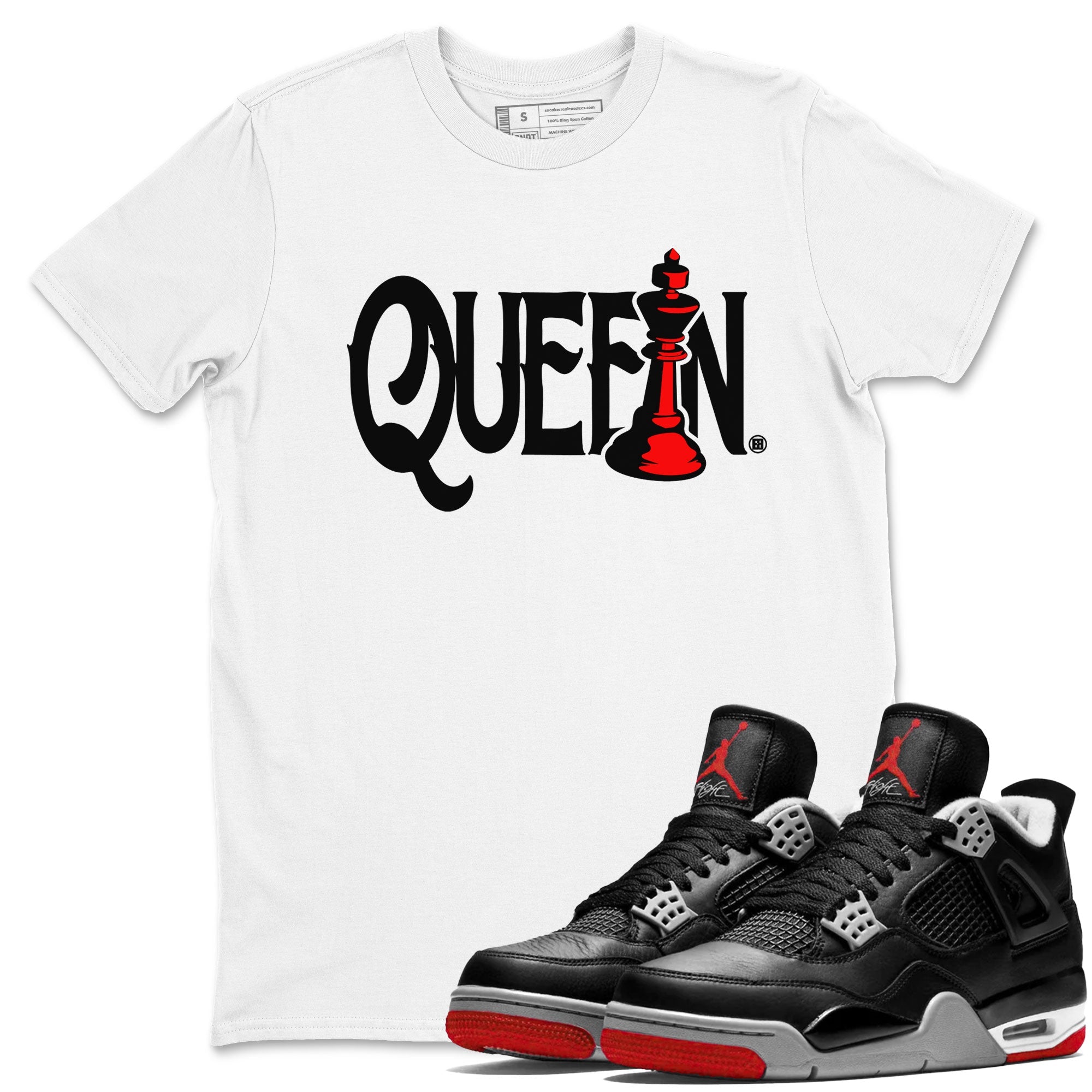 Air Jordan 4 Bred Reimagined shirt to match jordans Chess Queen sneaker shirts AJ4 Bred Reimagined Drip Gear Zone unisex crew neck cotton White 1 crew neck shirt