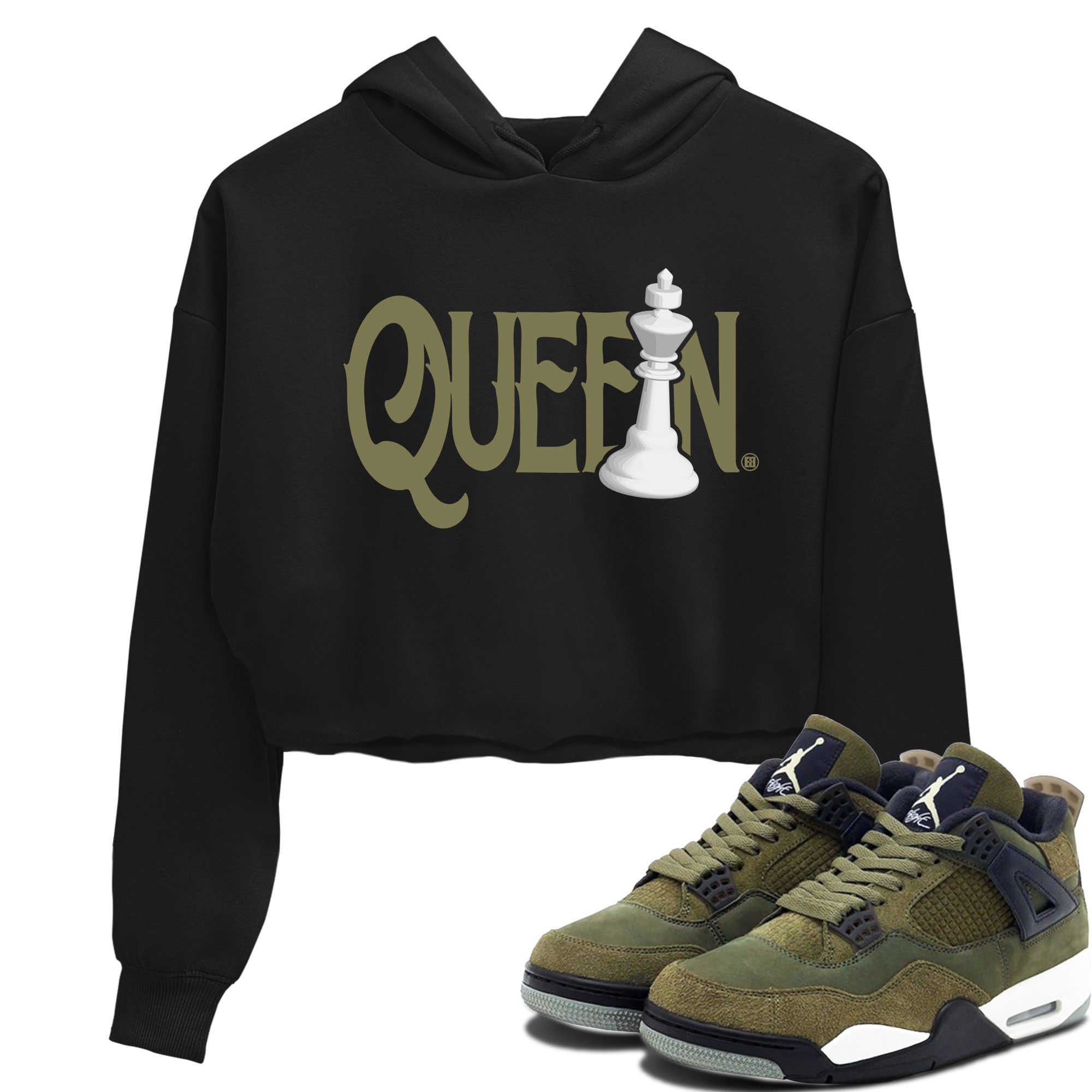 Air Jordan 4 Medium Olive shirt to match jordans streetwear brand Chess Queen sneaker tees 4s Medium Olive Drip Gear Zone Black 1 Crop T-Shirt