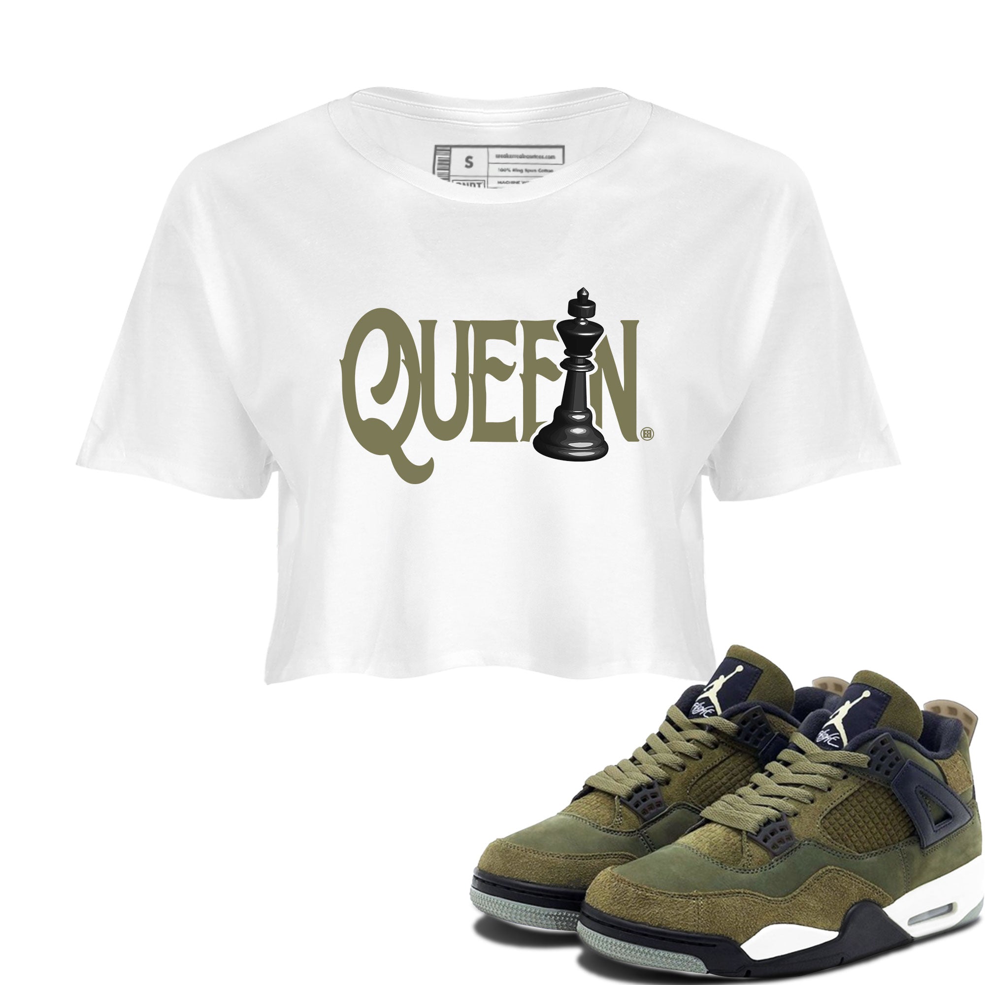 Air Jordan 4 Medium Olive shirt to match jordans streetwear brand Chess Queen sneaker tees 4s Medium Olive Drip Gear Zone White 1 Crop T-Shirt