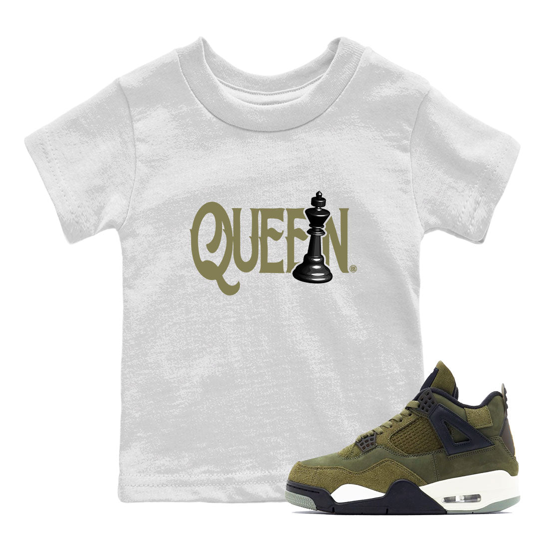 Air Jordan 4 Medium Olive shirt to match jordans streetwear brand Chess Queen sneaker tees 4s Medium Olive Drip Gear Zone Baby Toddler White 1 T-Shirt