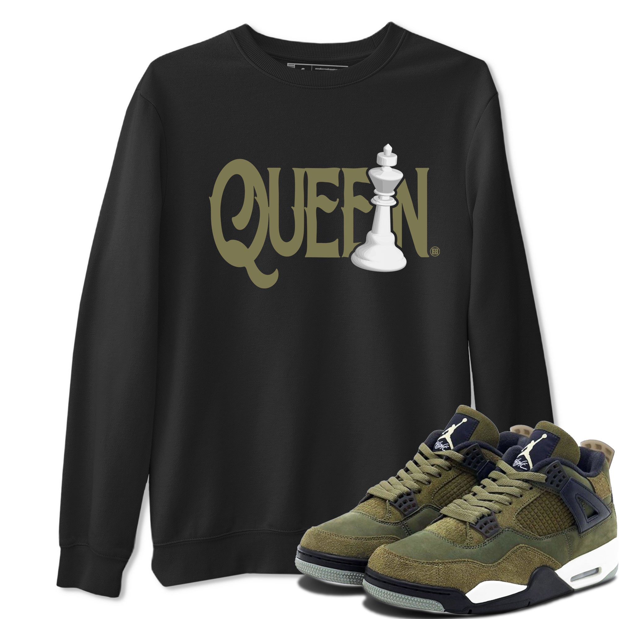 Air Jordan 4 Medium Olive shirt to match jordans streetwear brand Chess Queen sneaker tees 4s Medium Olive Drip Gear Zone Unisex Streetwear Clothing Black 1 T-Shirt