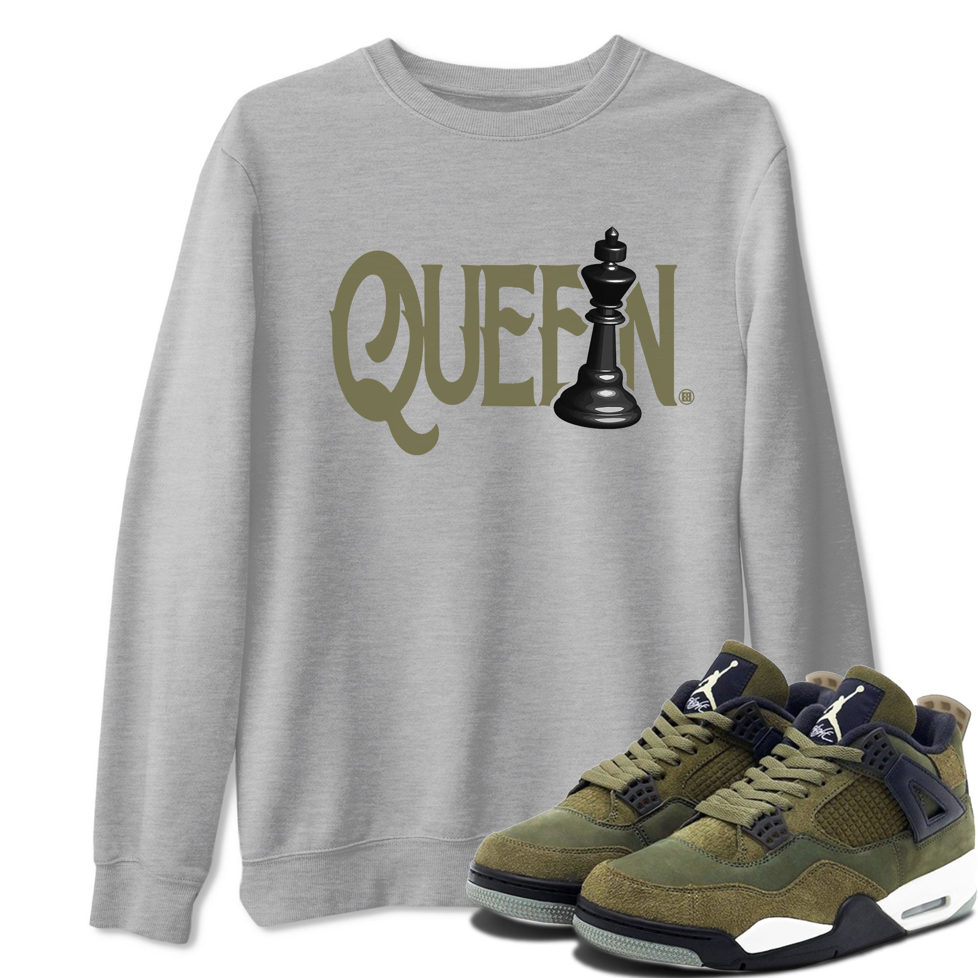 Air Jordan 4 Medium Olive shirt to match jordans streetwear brand Chess Queen sneaker tees 4s Medium Olive Drip Gear Zone Unisex Streetwear Clothing Heather Grey 1 T-Shirt