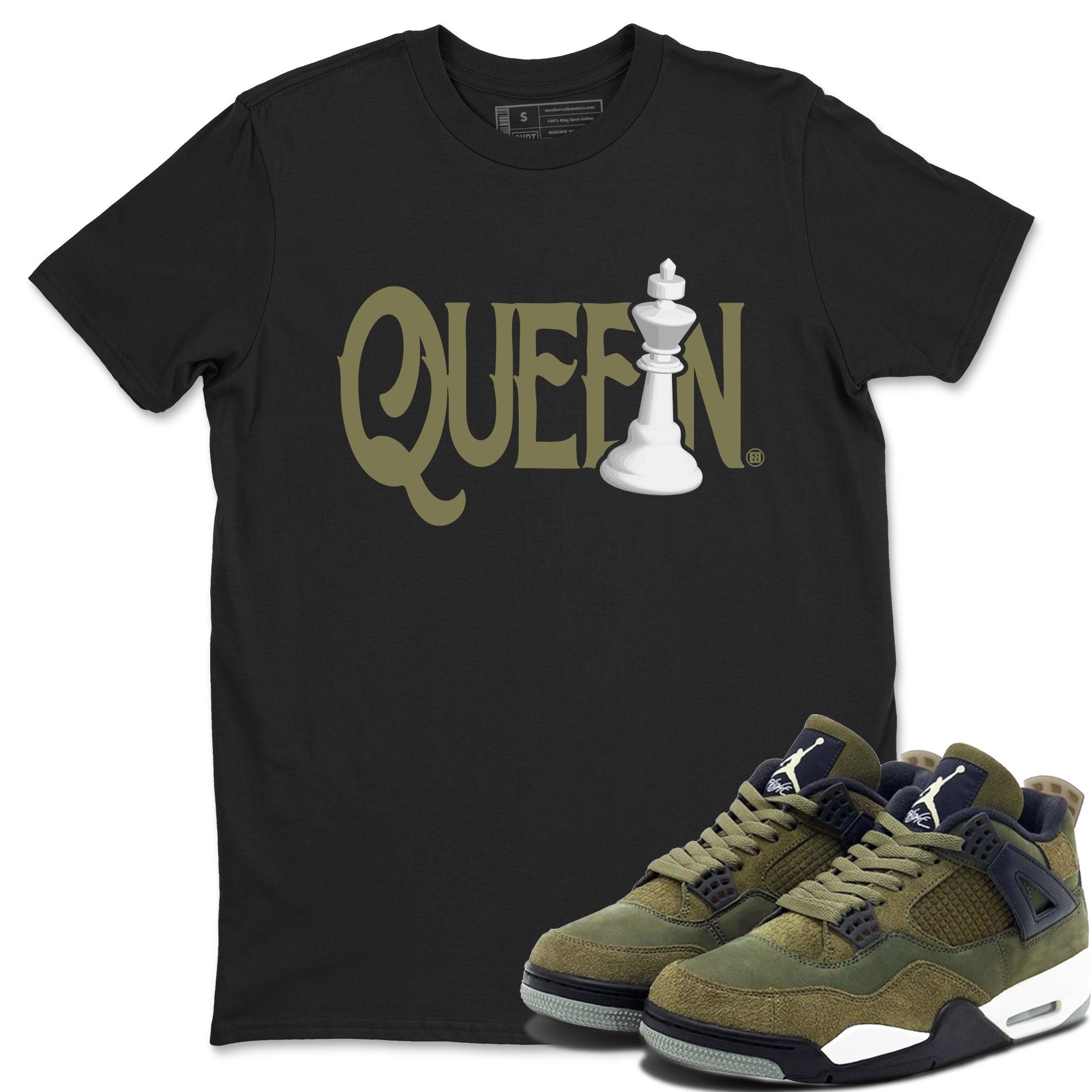 Air Jordan 4 Medium Olive shirt to match jordans streetwear brand Chess Queen sneaker tees 4s Medium Olive Drip Gear Zone Unisex Streetwear Clothing Black 1 T-Shirt