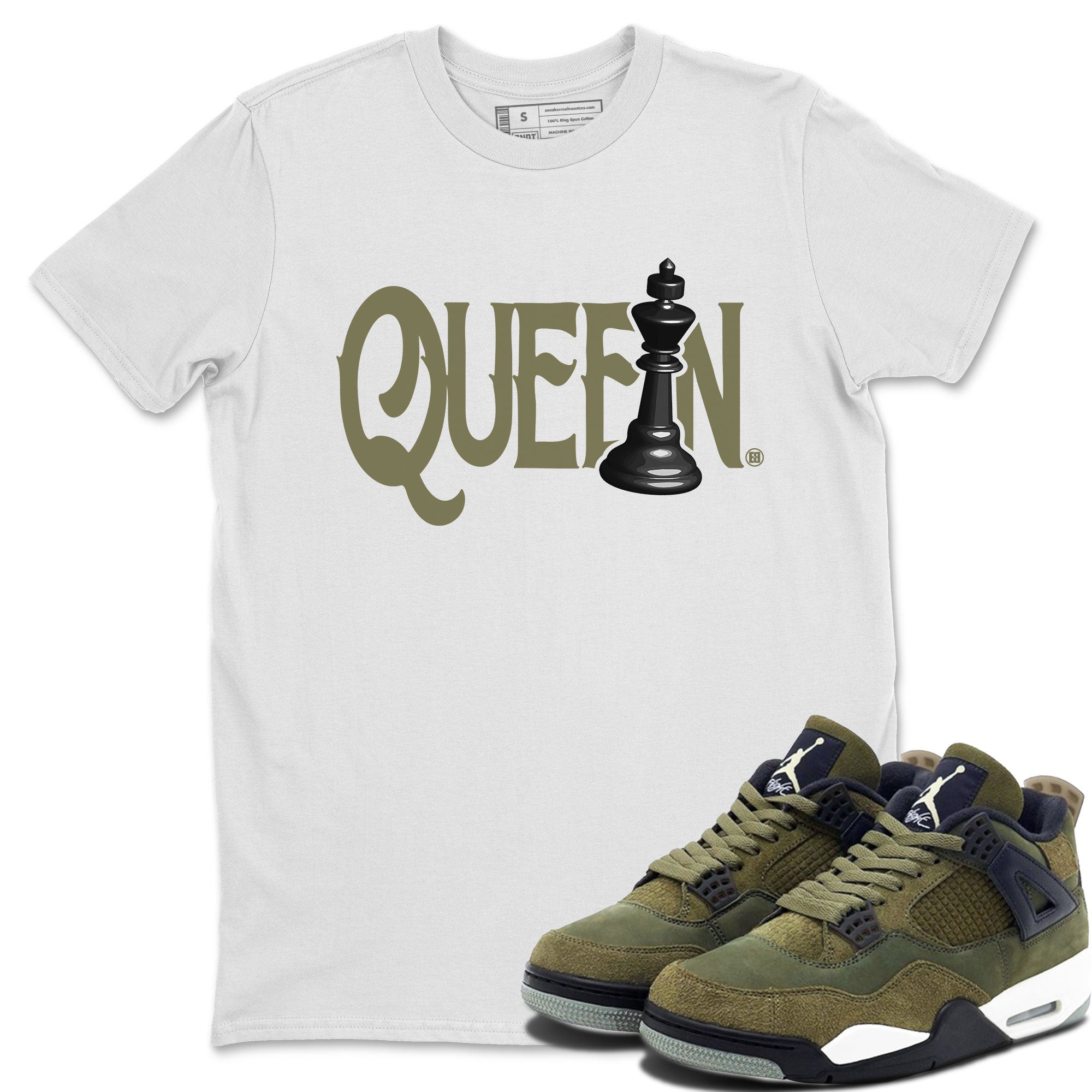 Air Jordan 4 Medium Olive shirt to match jordans streetwear brand Chess Queen sneaker tees 4s Medium Olive Drip Gear Zone Unisex Streetwear Clothing White 1 T-Shirt