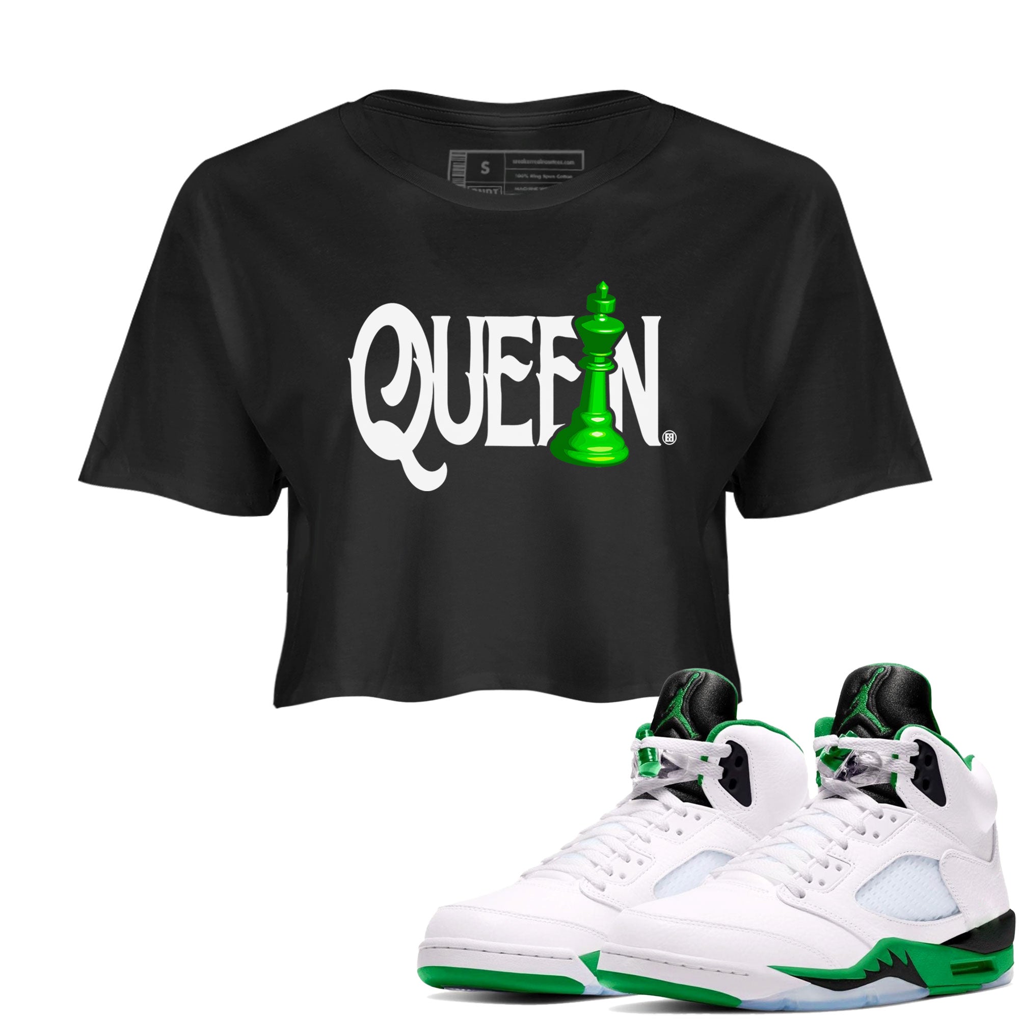 Air Jordan 5 Lucky Green shirt to match jordans Chess Queen sneaker match tee AJ5 Lucky Green Drip Gear Zone Black 1 women's crop tee