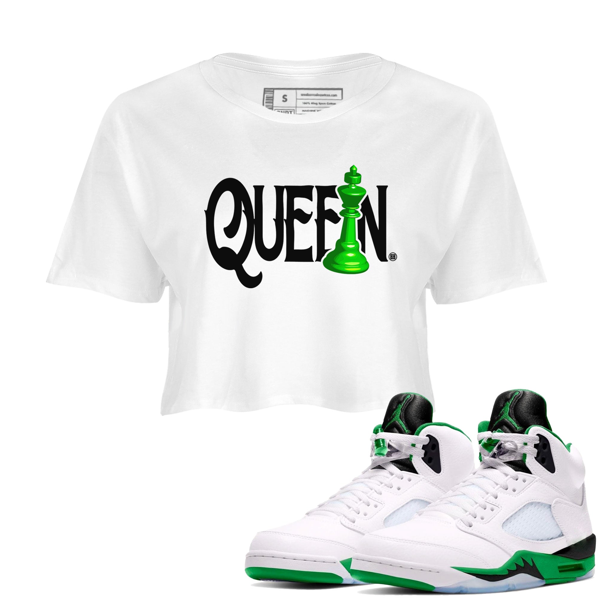 Air Jordan 5 Lucky Green shirt to match jordans Chess Queen sneaker match tee AJ5 Lucky Green Drip Gear Zone White 1 women's crop tee