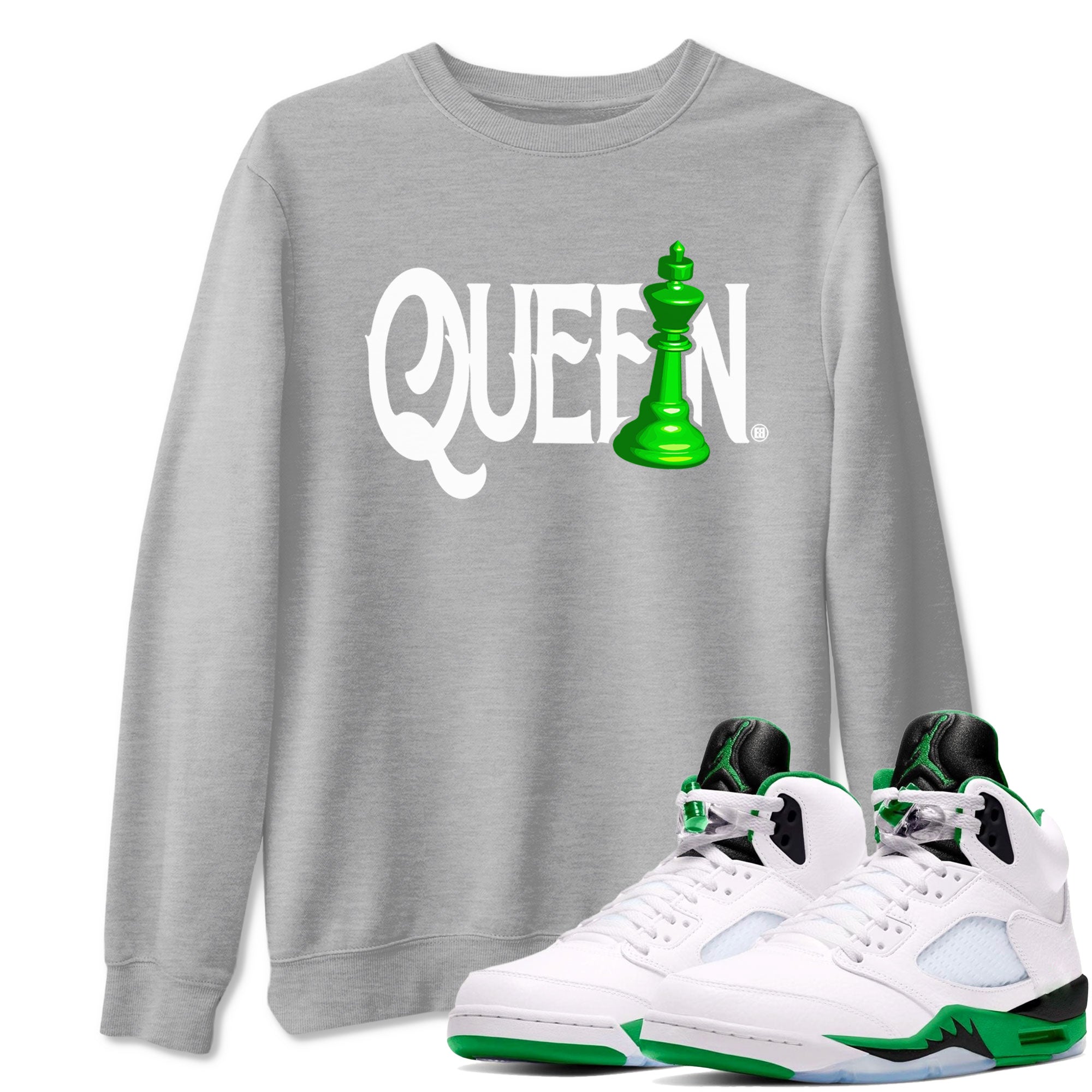 Air Jordan 5 Lucky Green shirt to match jordans Chess Queen sneaker match tee AJ5 Lucky Green Drip Gear Zone unisex cotton Heather Grey 1 crew neck shirt