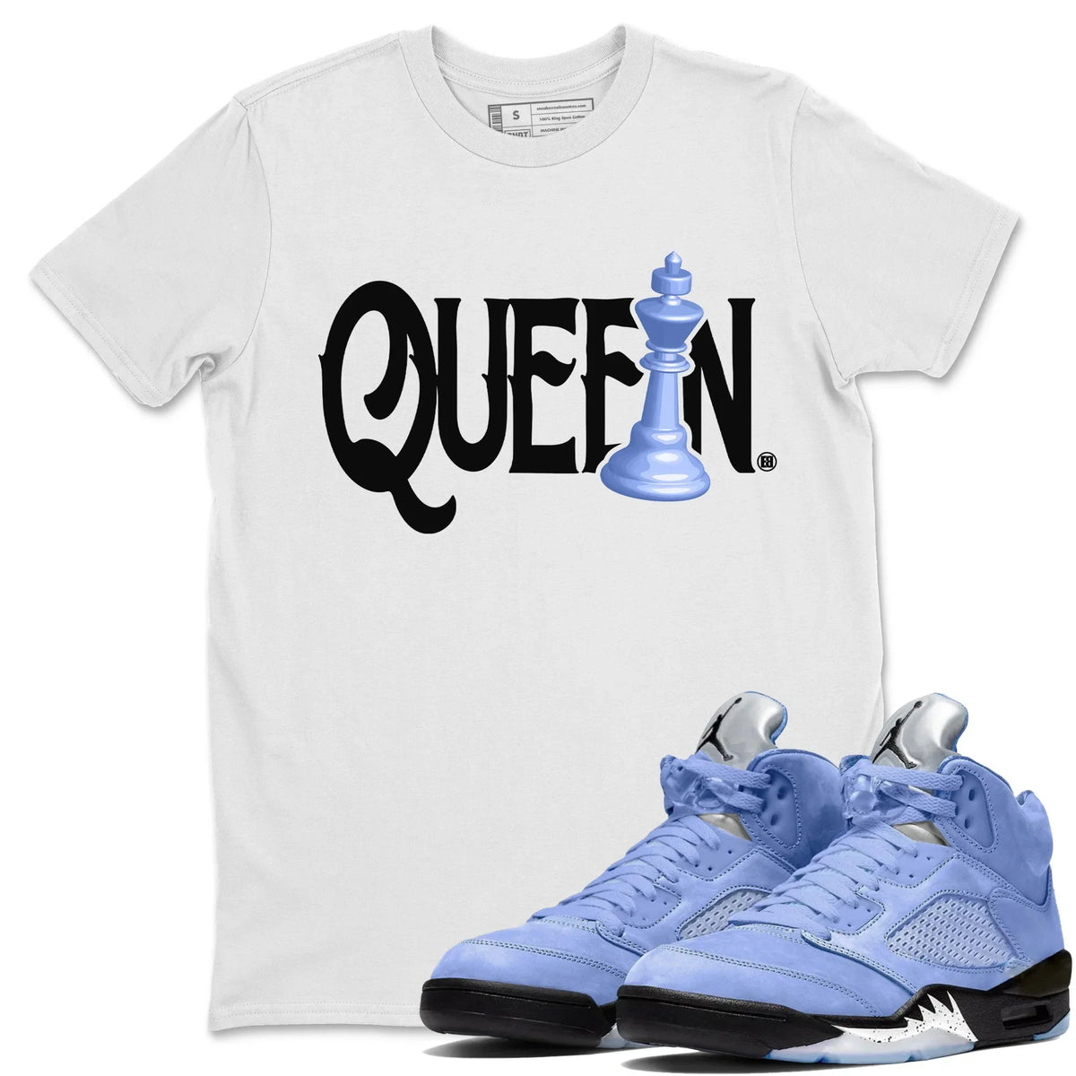 Jordan 5 UNC Sneaker Matching T-Shirt Chess Queen Sneaker Tees Jordan 5 UNC Sneaker Release Tees Crew Neck Tees
