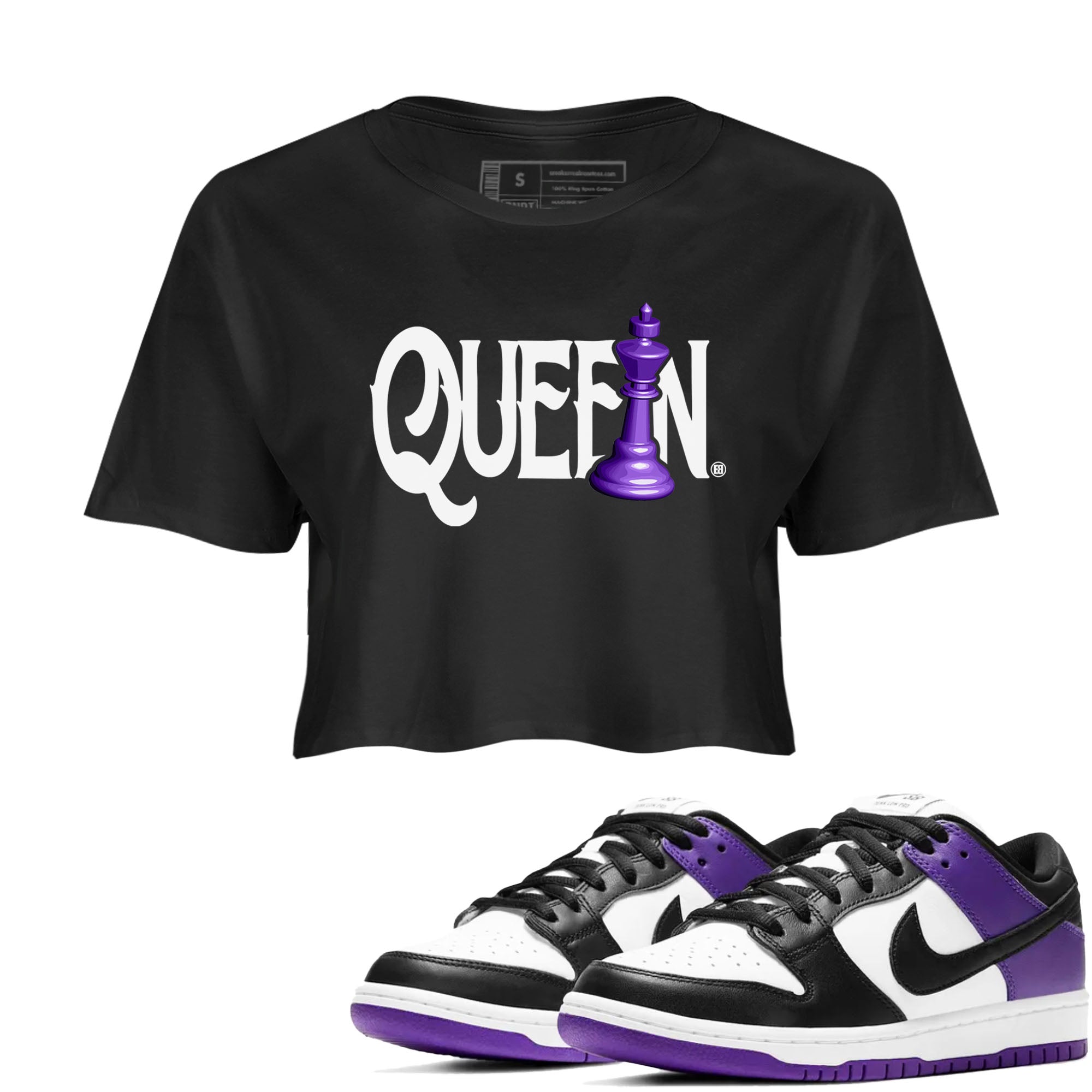 Nike SB Dunk Low Court Purple Shirt To Match Jordans Chess Queen Streetwear Fashion Dunk Low Court Purple Drip Gear Zone Black 1 Women's Crop Tee