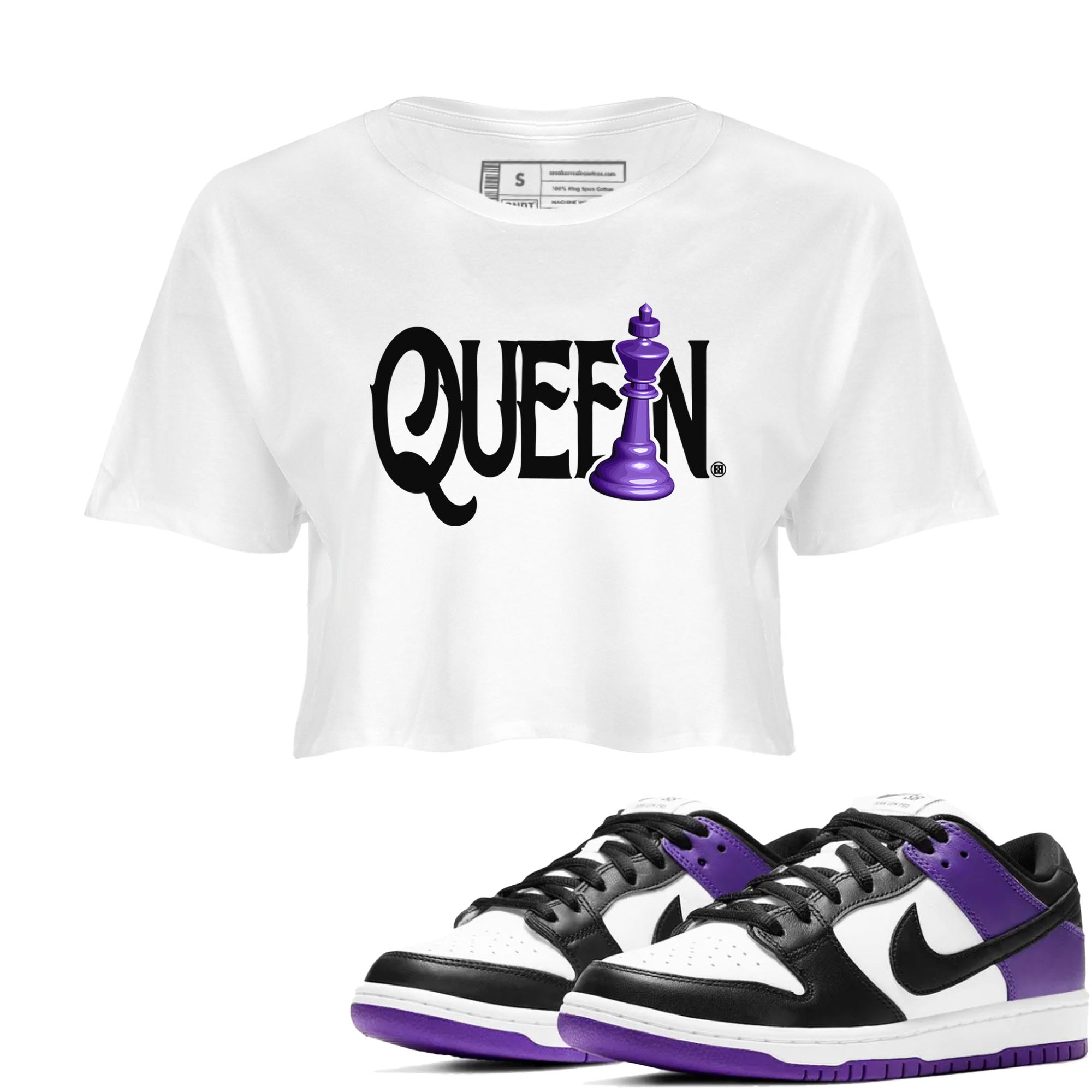 Nike SB Dunk Low Court Purple Shirt To Match Jordans Chess Queen Streetwear Fashion Dunk Low Court Purple Drip Gear Zone White 1 Women's Crop Tee
