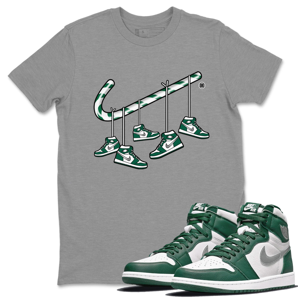 Jordan 1 Gorge Green Sneaker Matching T-Shirt Christmas Candy Cane Sneaker Tees Jordan 1 Gorge Green Sneaker Release Tees Crew Neck Tees