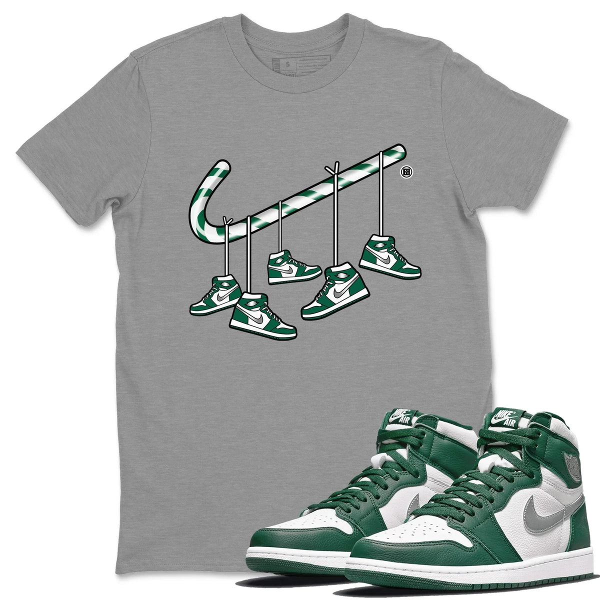 Jordan 1 Gorge Green Sneaker Matching T-Shirt Christmas Candy Cane Sneaker Tees Jordan 1 Gorge Green Sneaker Release Tees Crew Neck Tees