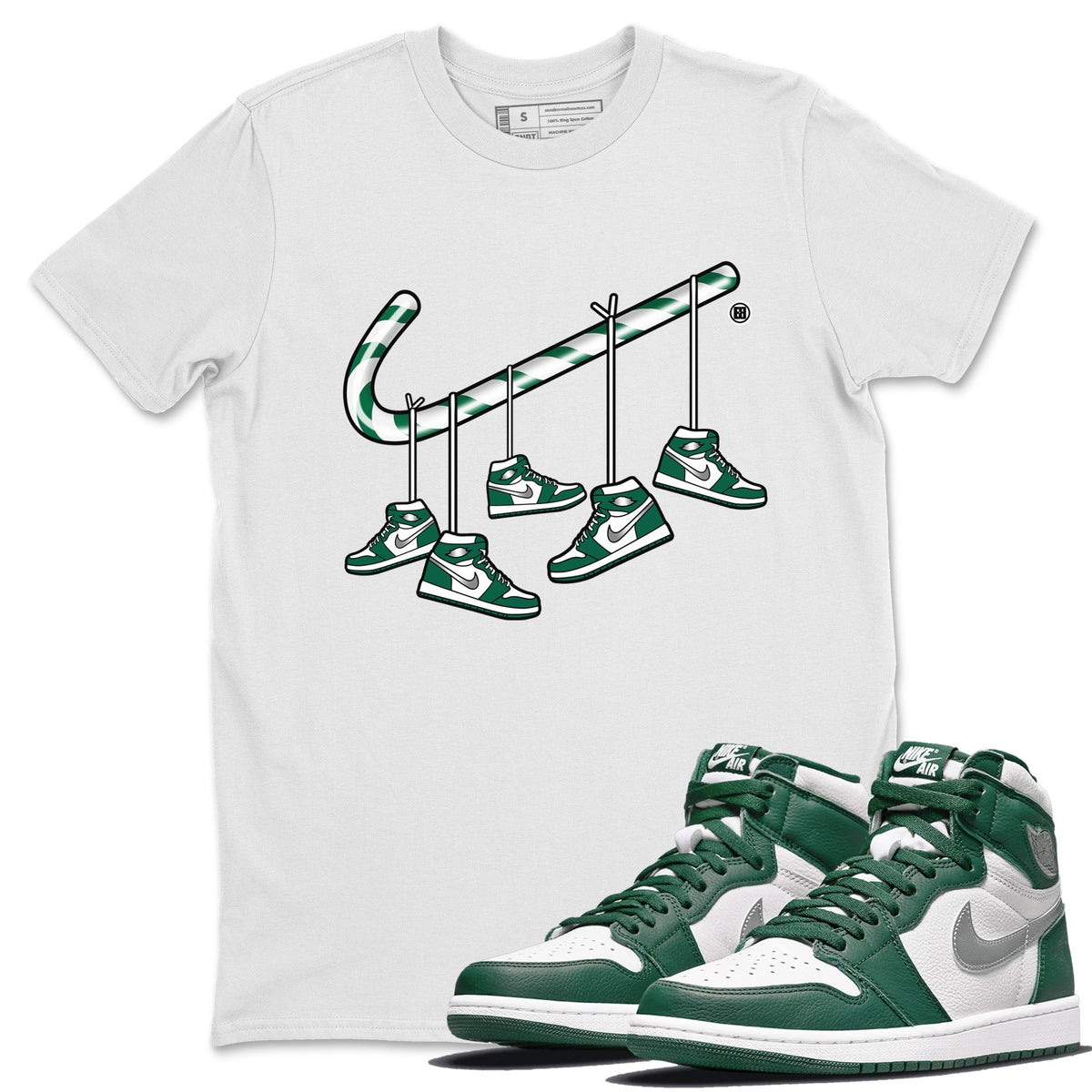 Jordan 1 Gorge Green Sneaker Matching T-Shirt Christmas Candy Cane Sneaker Tees Jordan 1 Gorge Green Sneaker Release Tees Crew Neck Tees