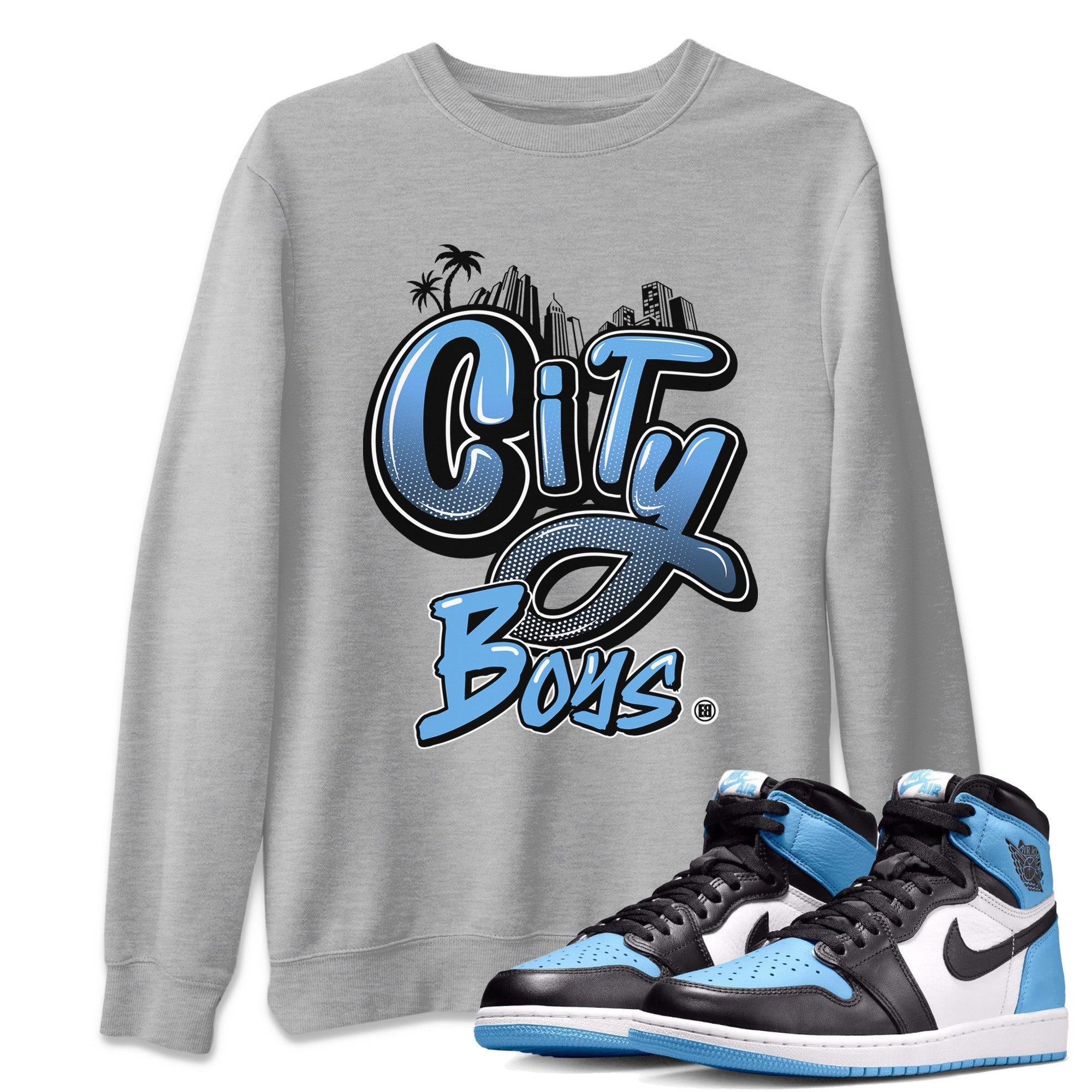 Air Jordan 1 Retro High OG UNC Toe Shirt to match Jordans City Boys Streetwear Sneaker Shirt Air Jordan 1 High OG UNC Toe Drip Gear Zone Sneaker Matching Clothing Crew Neck T-Shirts Heather Grey 1