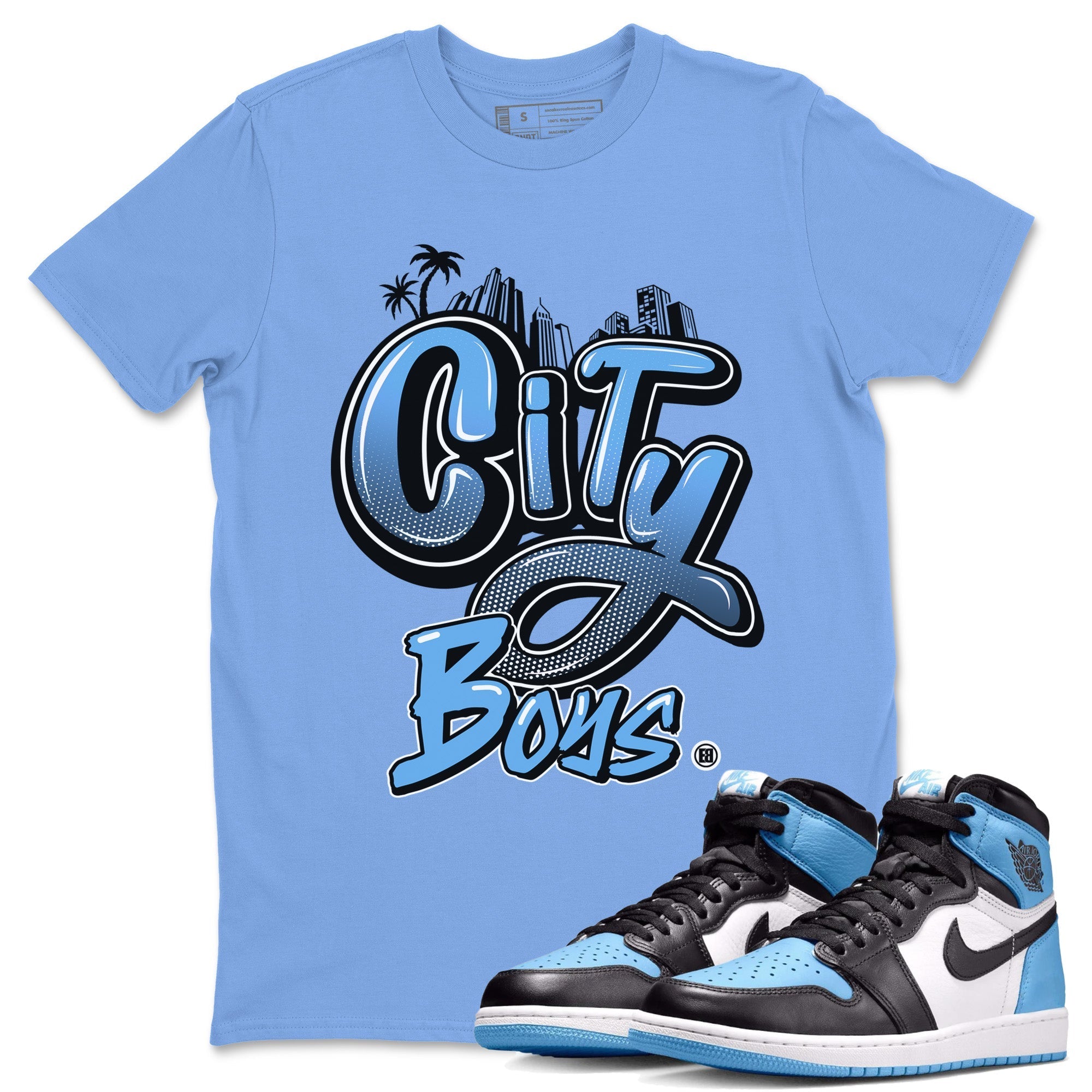 Air Jordan 1 Retro High OG UNC Toe Shirt to match Jordans City Boys Streetwear Sneaker Shirt Air Jordan 1 High OG UNC Toe Drip Gear Zone Sneaker Matching Clothing Crew Neck T-Shirts Carolina Blue 1