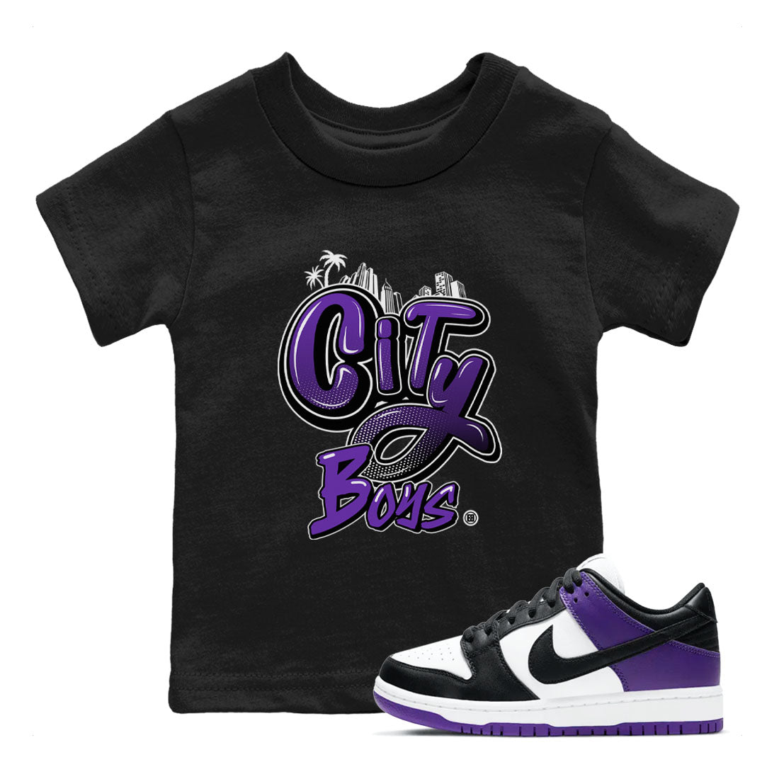 City Boys sneaker match tees to Court Purple Dunks street fashion brand for shirts to match Jordans Drip Gear Zone Dunk Low Court Purple unisex t-shirt Black 1 youth shirt