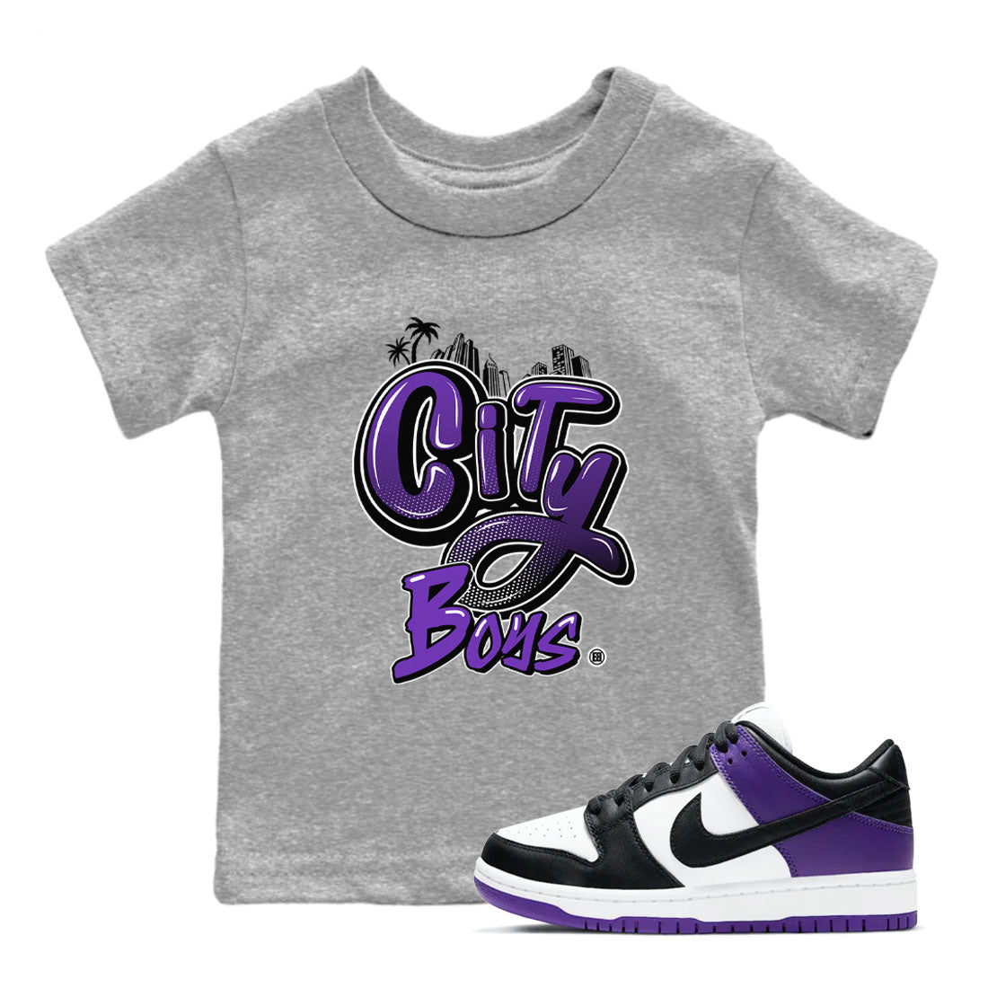 City Boys sneaker match tees to Court Purple Dunks street fashion brand for shirts to match Jordans Drip Gear Zone Dunk Low Court Purple unisex t-shirt Heather Grey 1 youth shirt