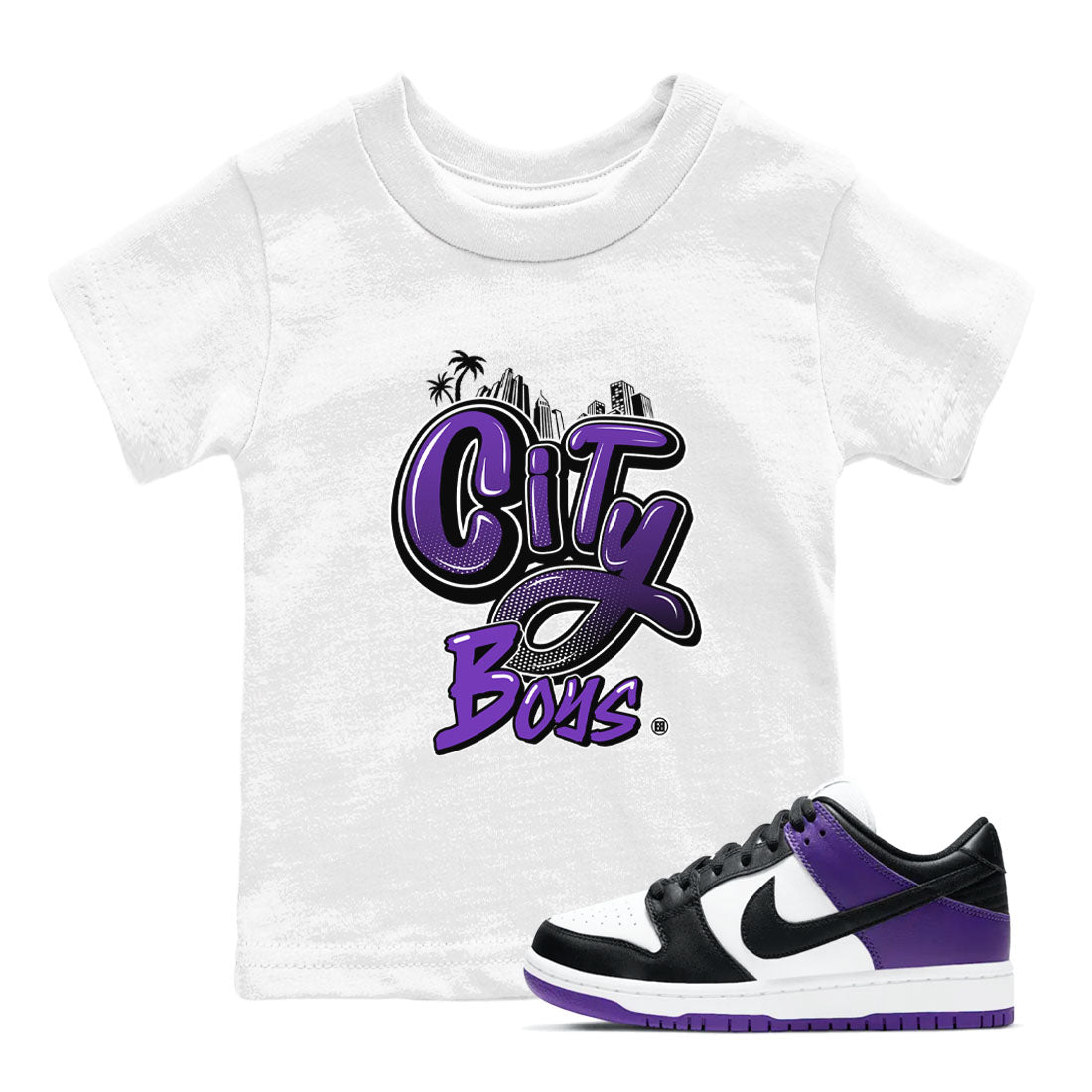 City Boys sneaker match tees to Court Purple Dunks street fashion brand for shirts to match Jordans Drip Gear Zone Dunk Low Court Purple unisex t-shirt White 1 youth shirt