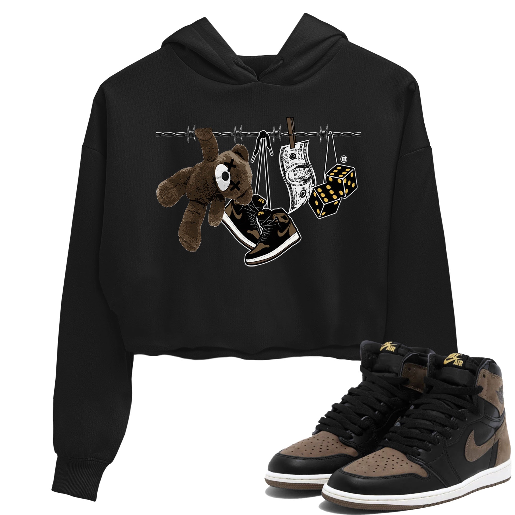 Air Jordan 1 Palomino shirt to match jordans Clothesline Streetwear Sneaker Shirt Air Jordan 1 Retro High OG Palomino Drip Gear Zone Sneaker Matching Clothing Black 1 Crop T-Shirt