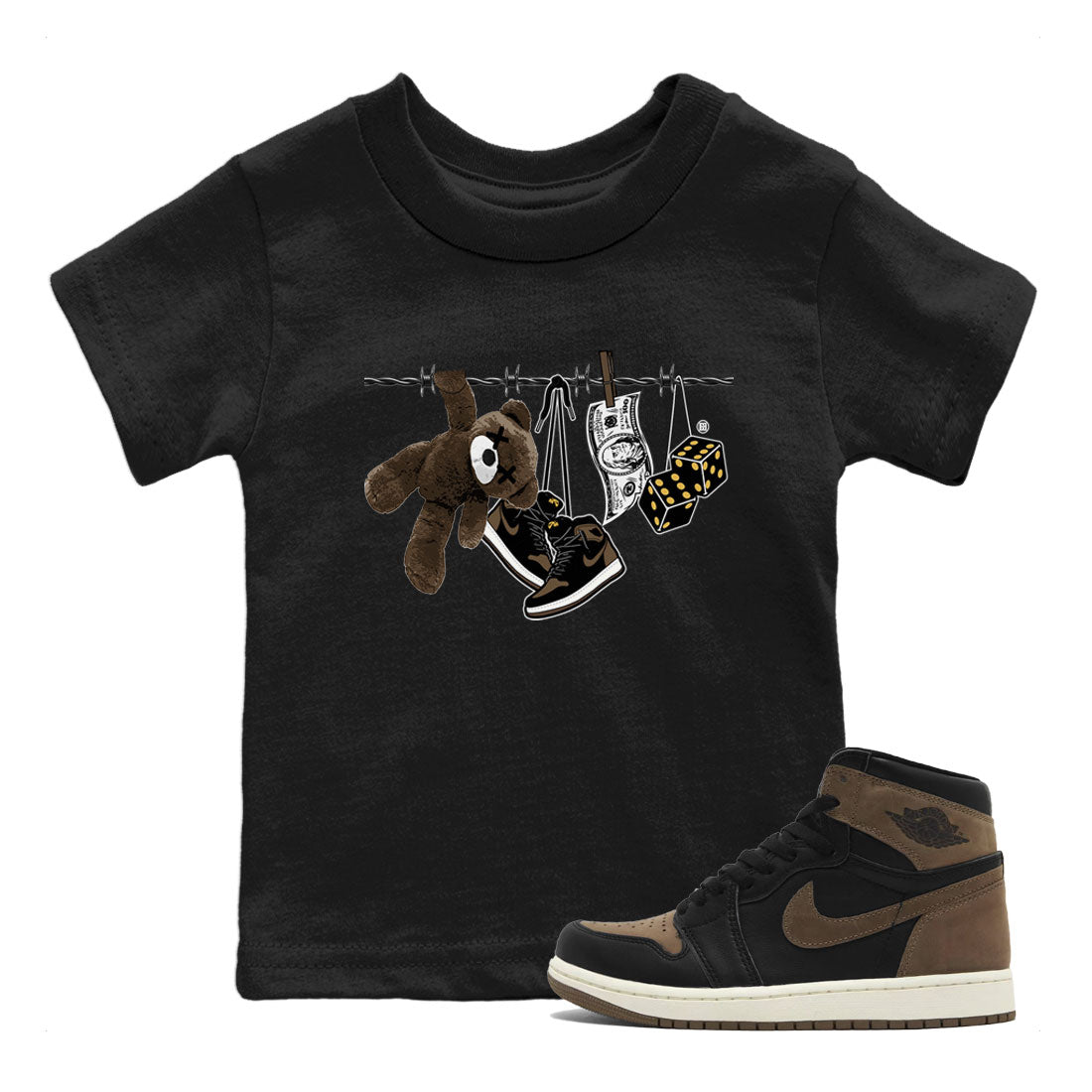 Air Jordan 1 Palomino shirt to match jordans Clothesline Streetwear Sneaker Shirt Air Jordan 1 Retro High OG Palomino Drip Gear Zone Sneaker Matching Clothing Baby Toddler Kids Black 1 T-Shirt