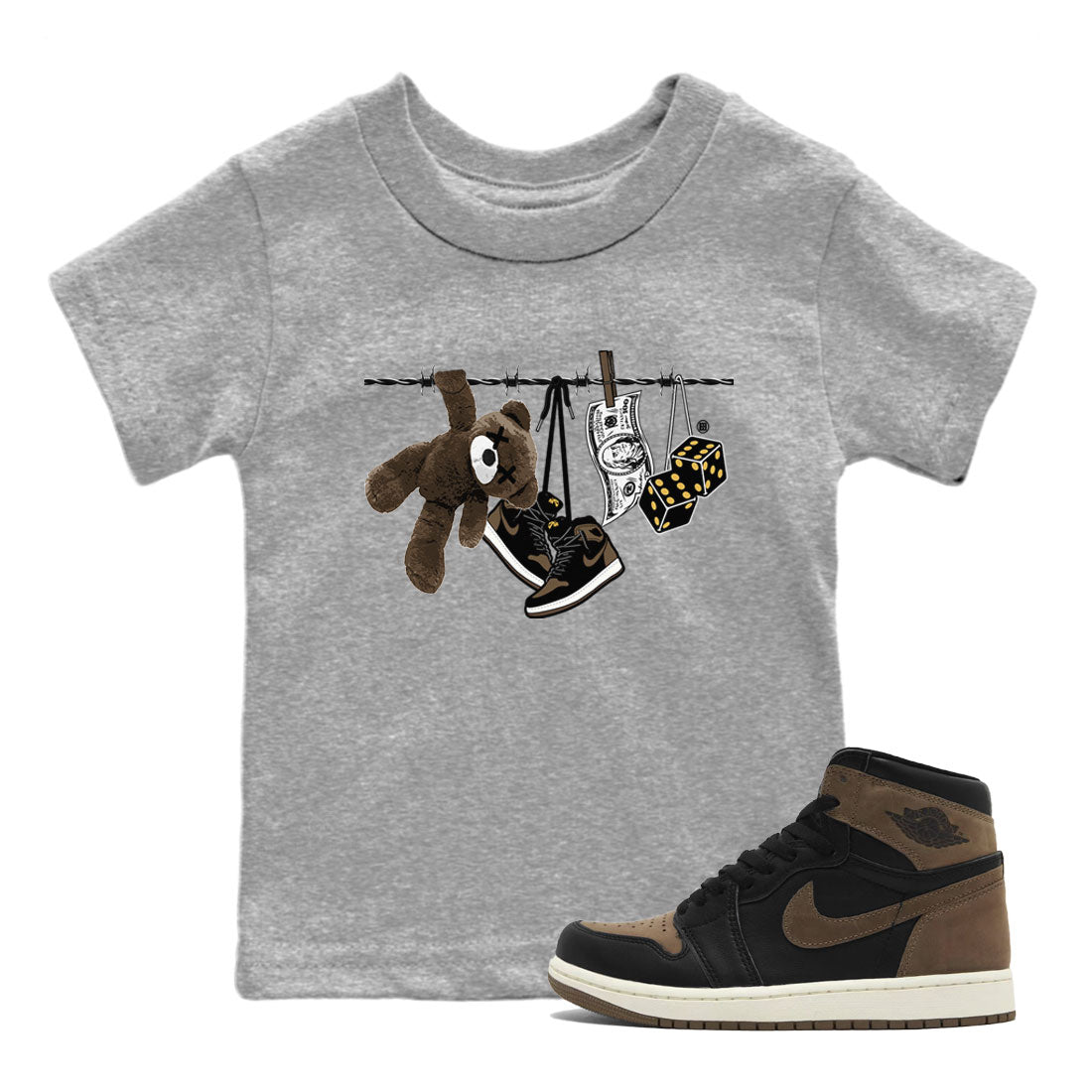 Air Jordan 1 Palomino shirt to match jordans Clothesline Streetwear Sneaker Shirt Air Jordan 1 Retro High OG Palomino Drip Gear Zone Sneaker Matching Clothing Baby Toddler Kids Heather Grey 1 T-Shirt