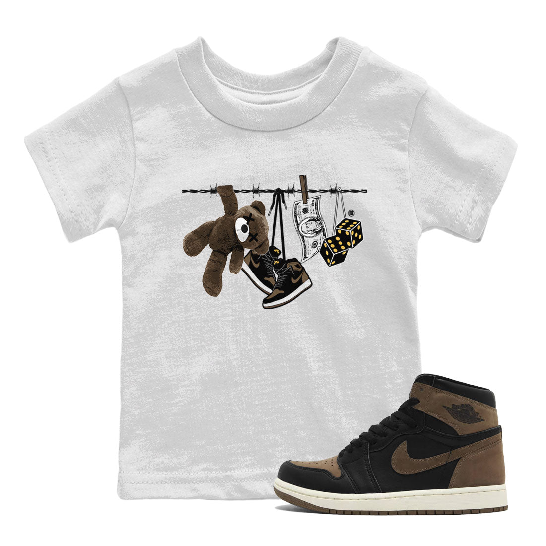 Air Jordan 1 Palomino shirt to match jordans Clothesline Streetwear Sneaker Shirt Air Jordan 1 Retro High OG Palomino Drip Gear Zone Sneaker Matching Clothing Baby Toddler Kids White 1 T-Shirt