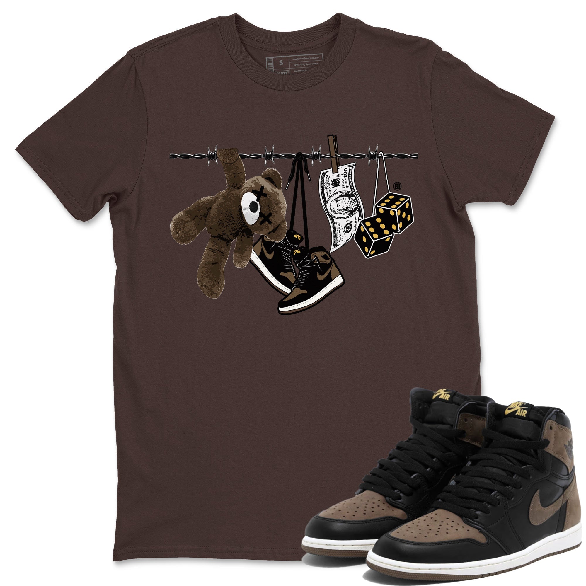 Air Jordan 1 Palomino shirt to match jordans Clothesline Streetwear Sneaker Shirt Air Jordan 1 Retro High OG Palomino Drip Gear Zone Sneaker Matching Clothing Casual Unisex shirts Dark Chocolate 1 T-Shirt