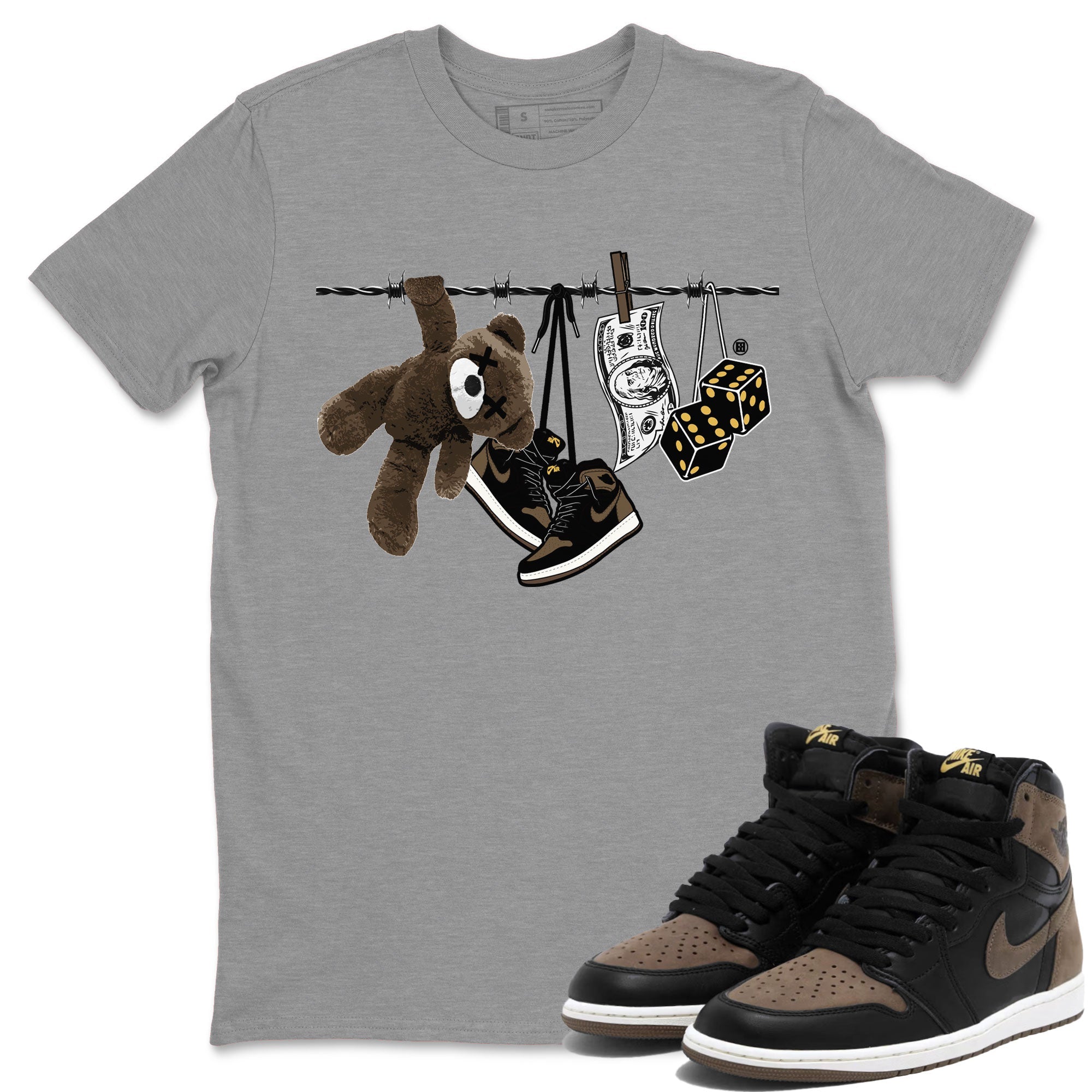 Air Jordan 1 Palomino shirt to match jordans Clothesline Streetwear Sneaker Shirt Air Jordan 1 Retro High OG Palomino Drip Gear Zone Sneaker Matching Clothing Casual Unisex shirts Heather Grey 1 T-Shirt