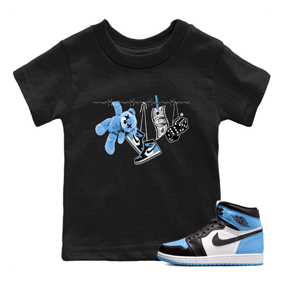 Air Jordan 1 Retro High OG UNC Toe Shirt to match Jordans Clothesline Streetwear Sneaker Shirt UNC Toe 1s Tees Kids and Baby Tees Black 1