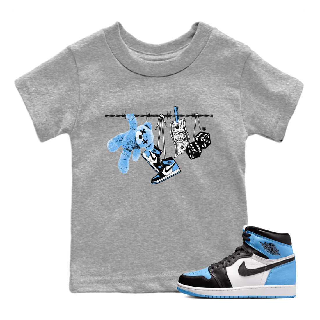 Air Jordan 1 Retro High OG UNC Toe Shirt to match Jordans Clothesline Streetwear Sneaker Shirt UNC Toe 1s Tees Kids and Baby Tees Heather Grey 1
