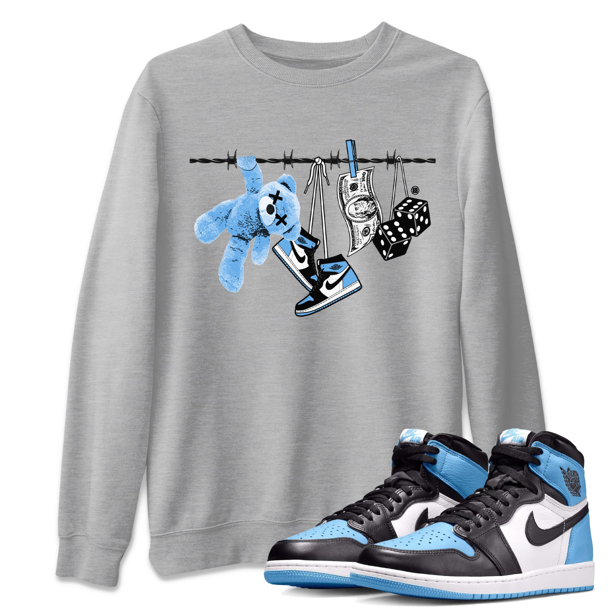 Air Jordan 1 Retro High OG UNC Toe Shirt to match Jordans Clothesline Streetwear Sneaker Shirt UNC Toe 1s Tees Crew Neck T-Shirts Heather Grey 1