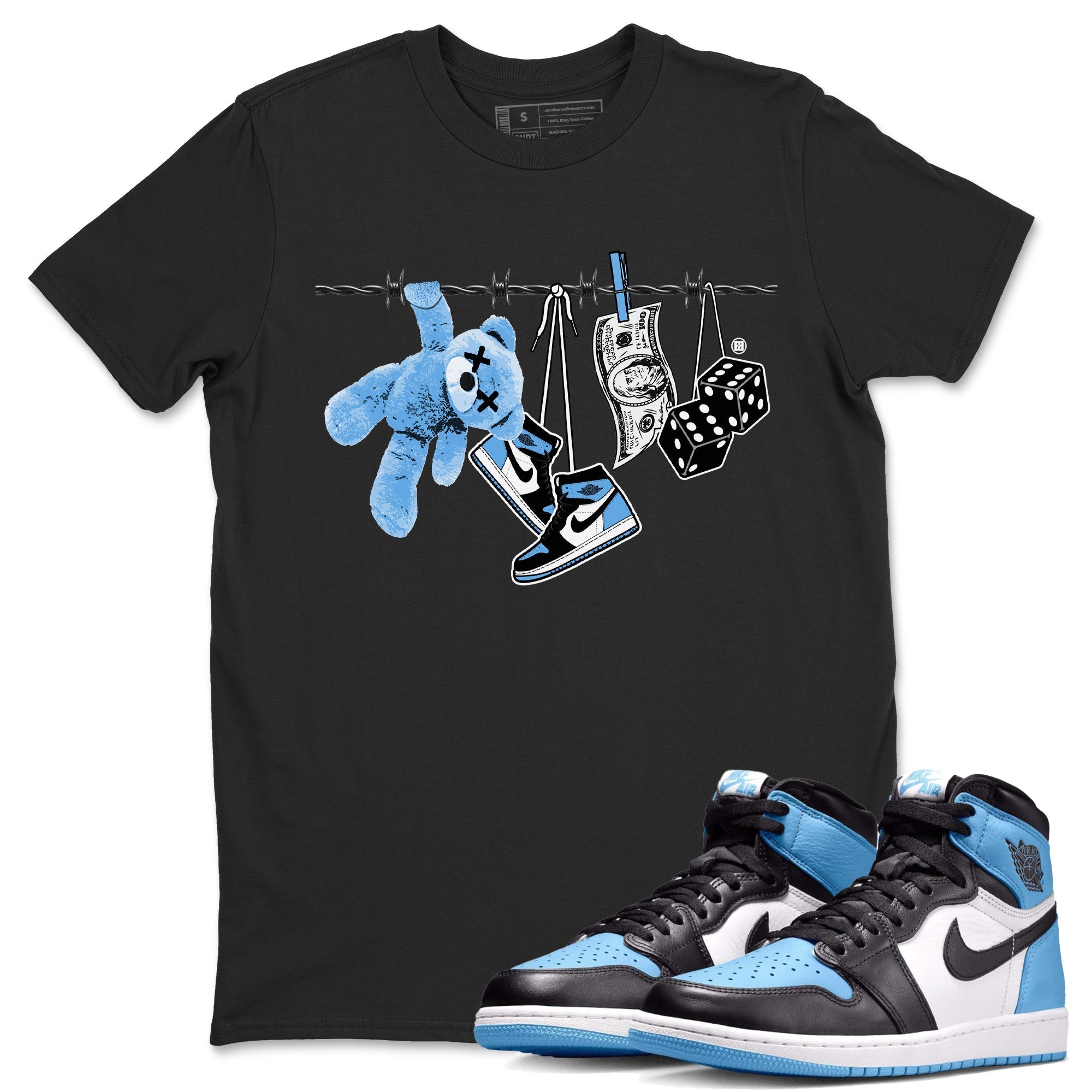 Air Jordan 1 Retro High OG UNC Toe Shirt to match Jordans Clothesline Streetwear Sneaker Shirt UNC Toe 1s Tees Crew Neck T-Shirts Black 1