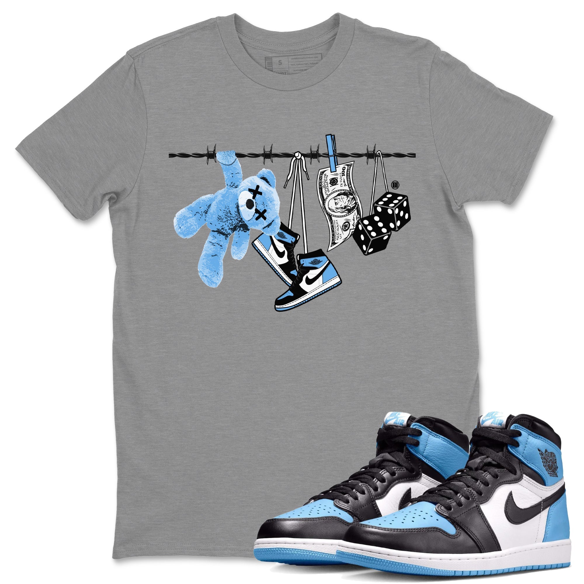 Air Jordan 1 Retro High OG UNC Toe Shirt to match Jordans Clothesline Streetwear Sneaker Shirt UNC Toe 1s Tees Crew Neck T-Shirts Heather Grey 1
