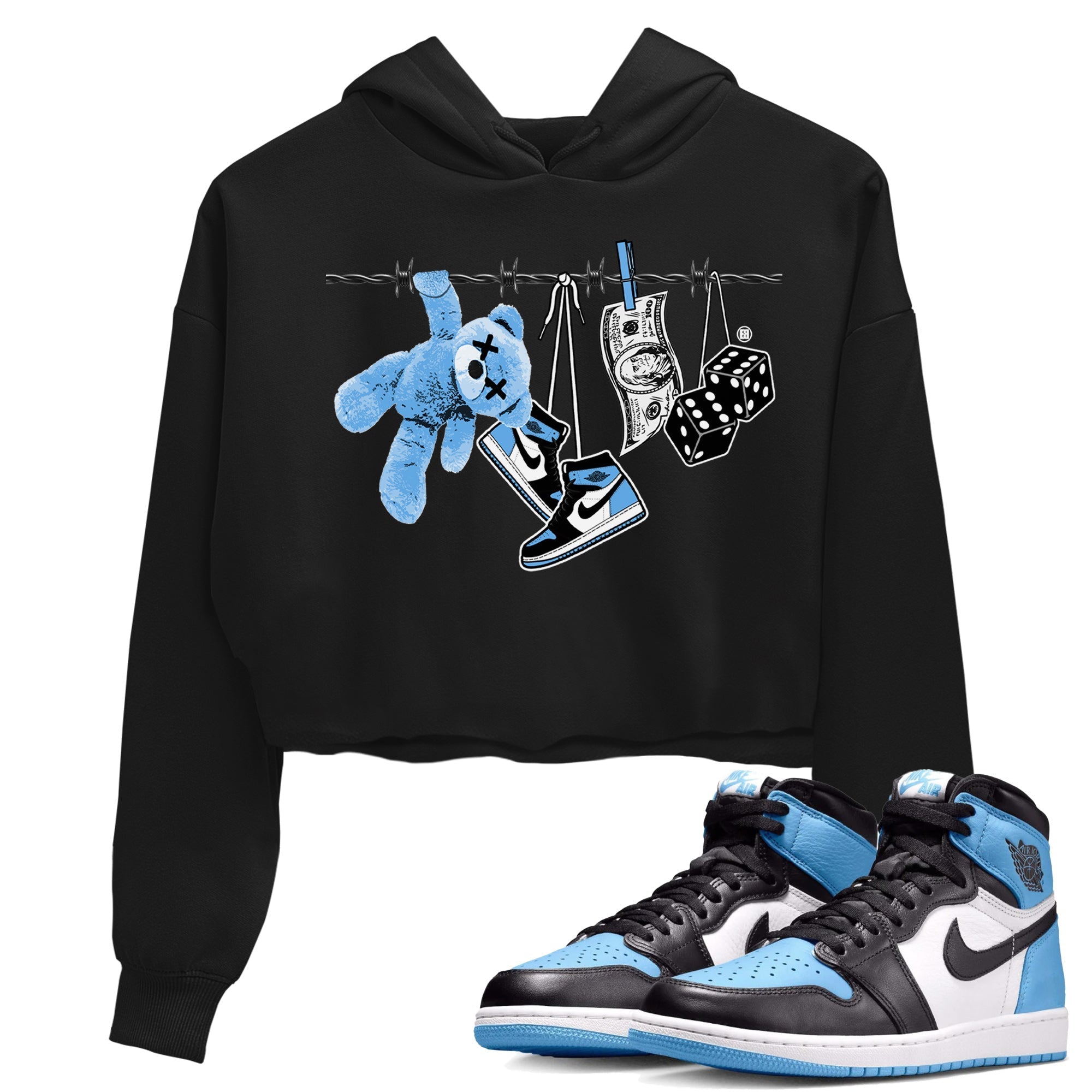 Air Jordan 1 Retro High OG UNC Toe Shirt to match Jordans Clothesline Streetwear Sneaker Shirt UNC Toe 1s Tees Crop T-Shirts Black 1
