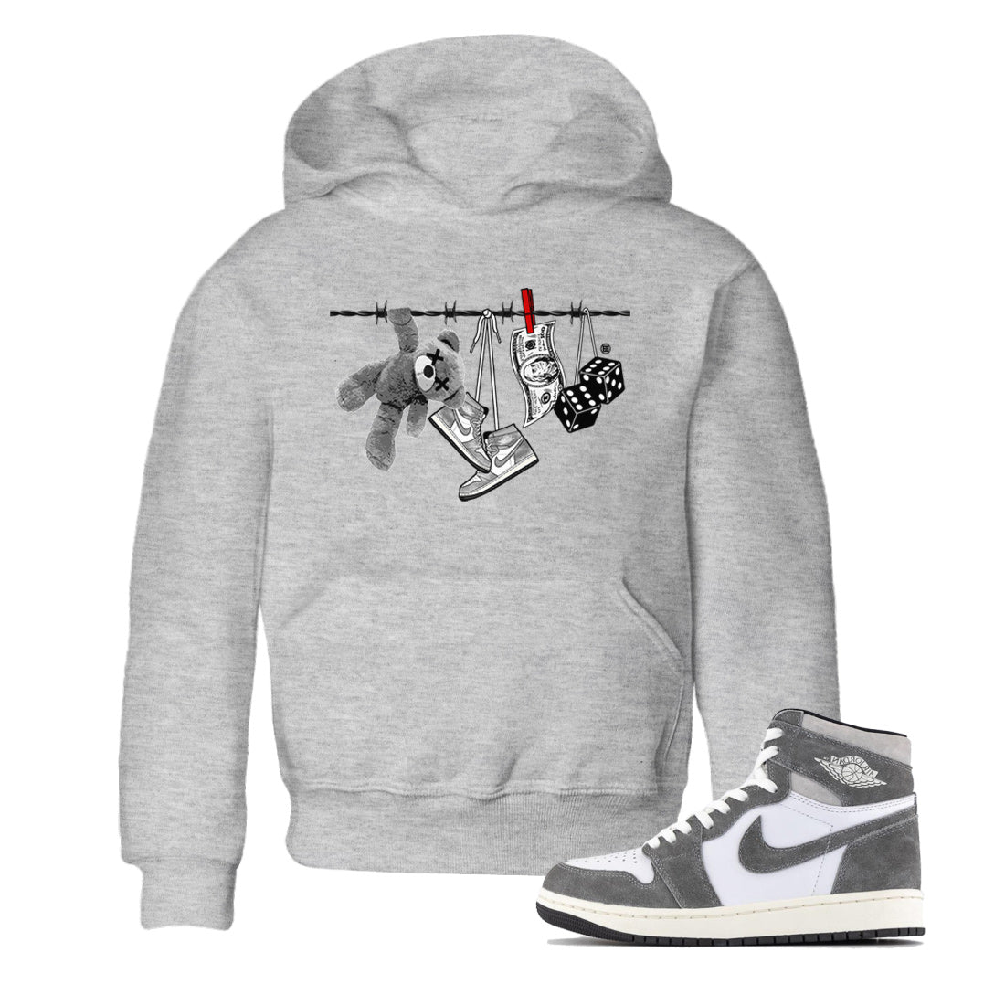 Air Jordan 1 Washed Heritage Sneaker Match Tees Clothesline Streetwear Sneaker Shirt Air Jordan 1 High OG Washed Heritage Clothes Kids Shirts Heather Grey 1