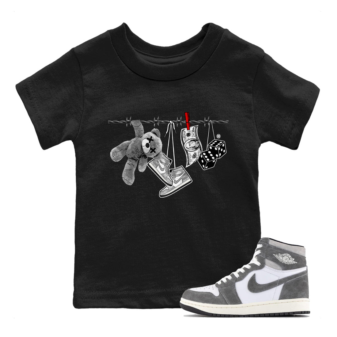 Air Jordan 1 Washed Heritage Sneaker Match Tees Clothesline Streetwear Sneaker Shirt Air Jordan 1 High OG Washed Heritage Clothes Kids Shirts Black 1