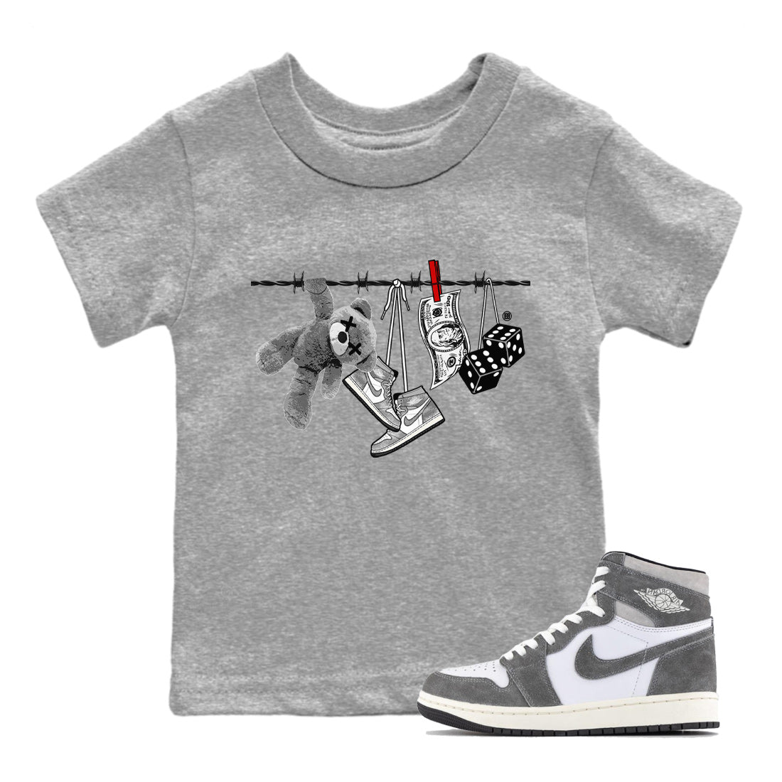 Air Jordan 1 Washed Heritage Sneaker Match Tees Clothesline Streetwear Sneaker Shirt Air Jordan 1 High OG Washed Heritage Clothes Kids Shirts Heather Grey 1
