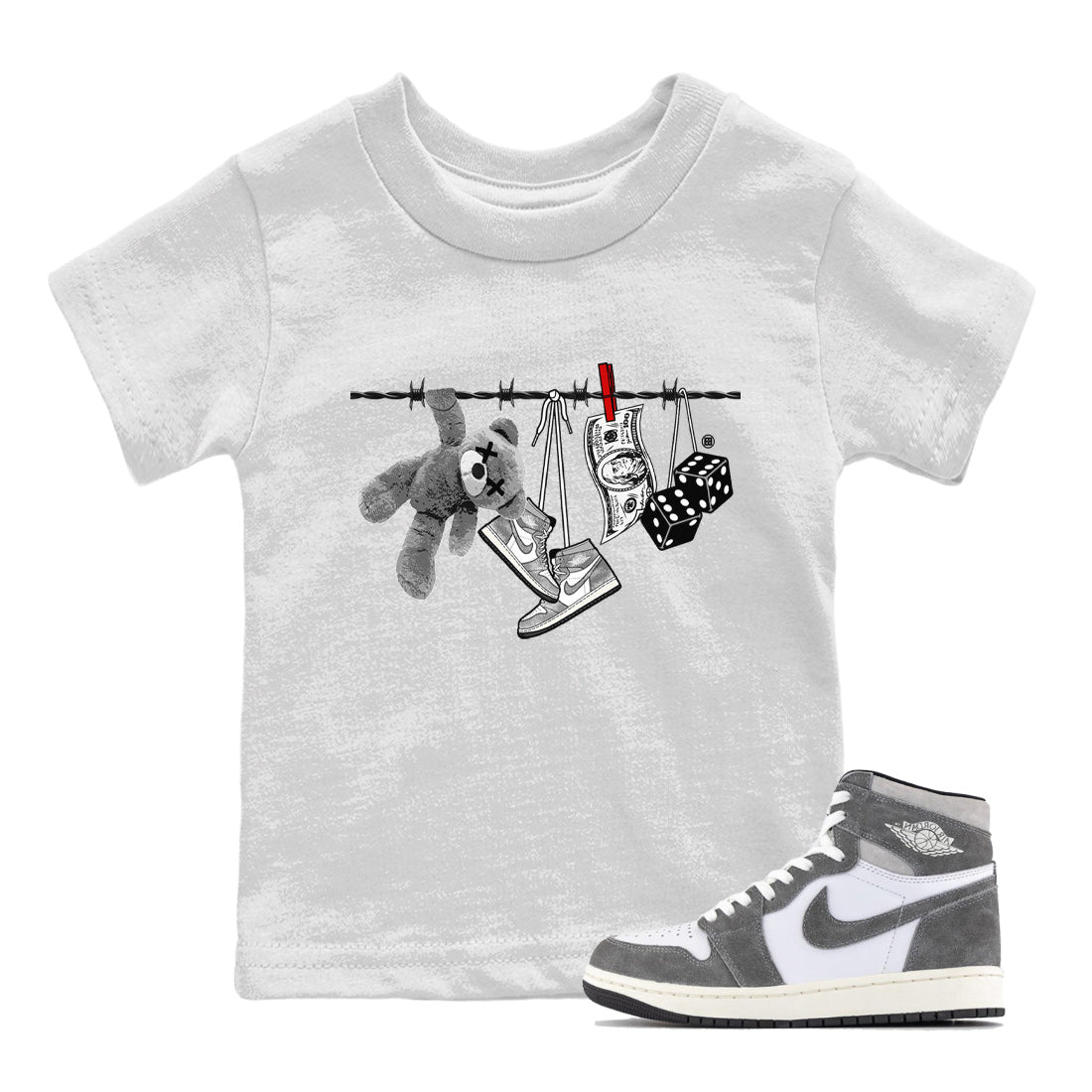 Air Jordan 1 Washed Heritage Sneaker Match Tees Clothesline Streetwear Sneaker Shirt Air Jordan 1 High OG Washed Heritage Clothes Kids Shirts White 1