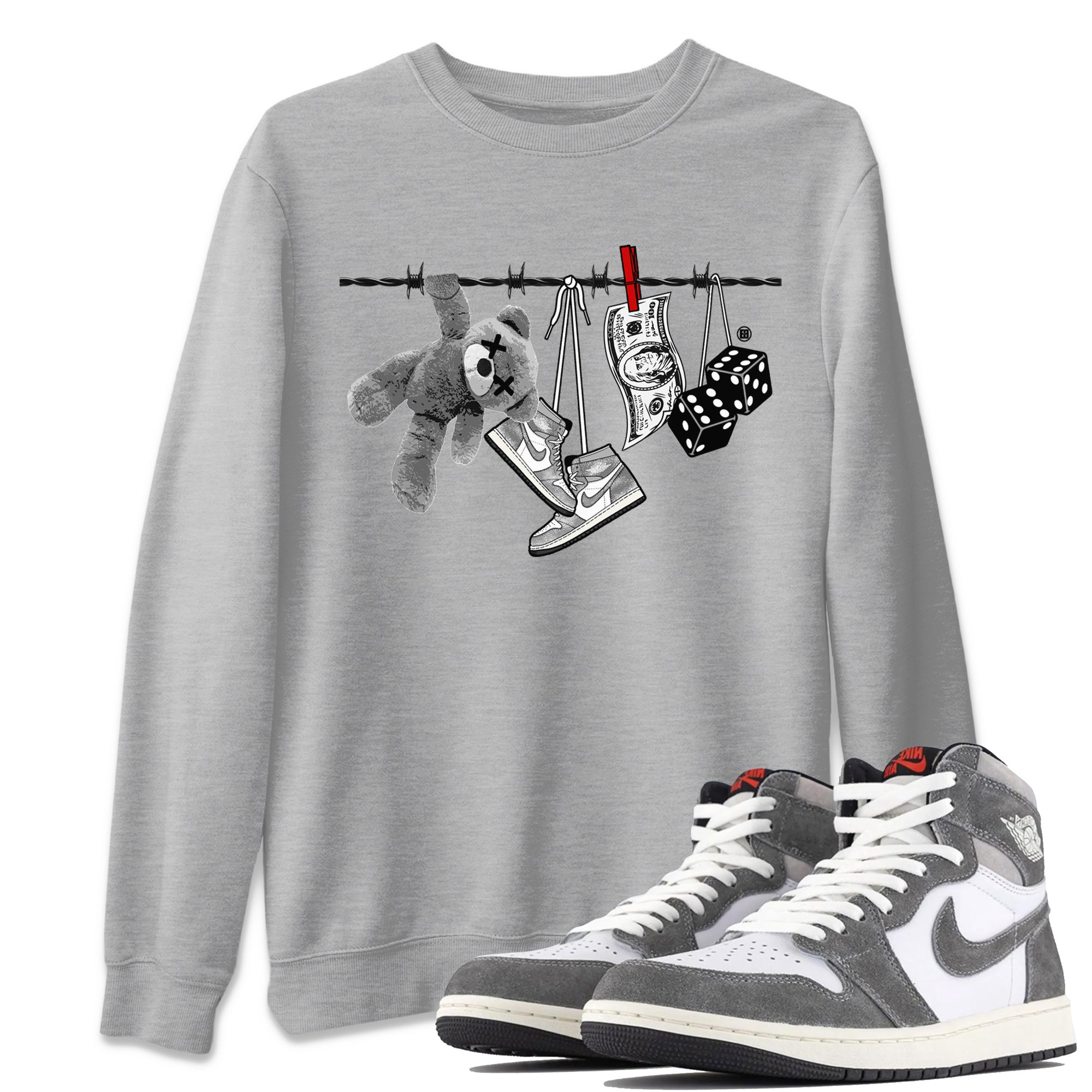 Air Jordan 1 Washed Heritage Sneaker Match Tees Clothesline Streetwear Sneaker Shirt Air Jordan 1 High OG Washed Heritage Clothes Unisex Shirts Heather Grey 1