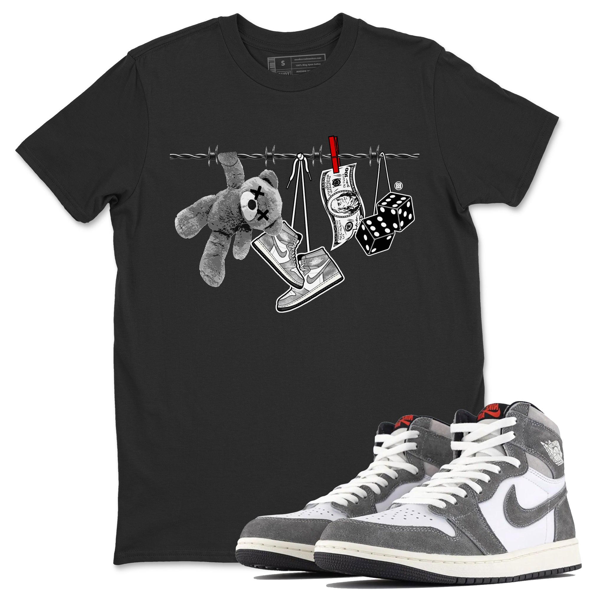 Air Jordan 1 Washed Heritage Sneaker Match Tees Clothesline Streetwear Sneaker Shirt Air Jordan 1 High OG Washed Heritage Clothes Unisex Shirts Black 1