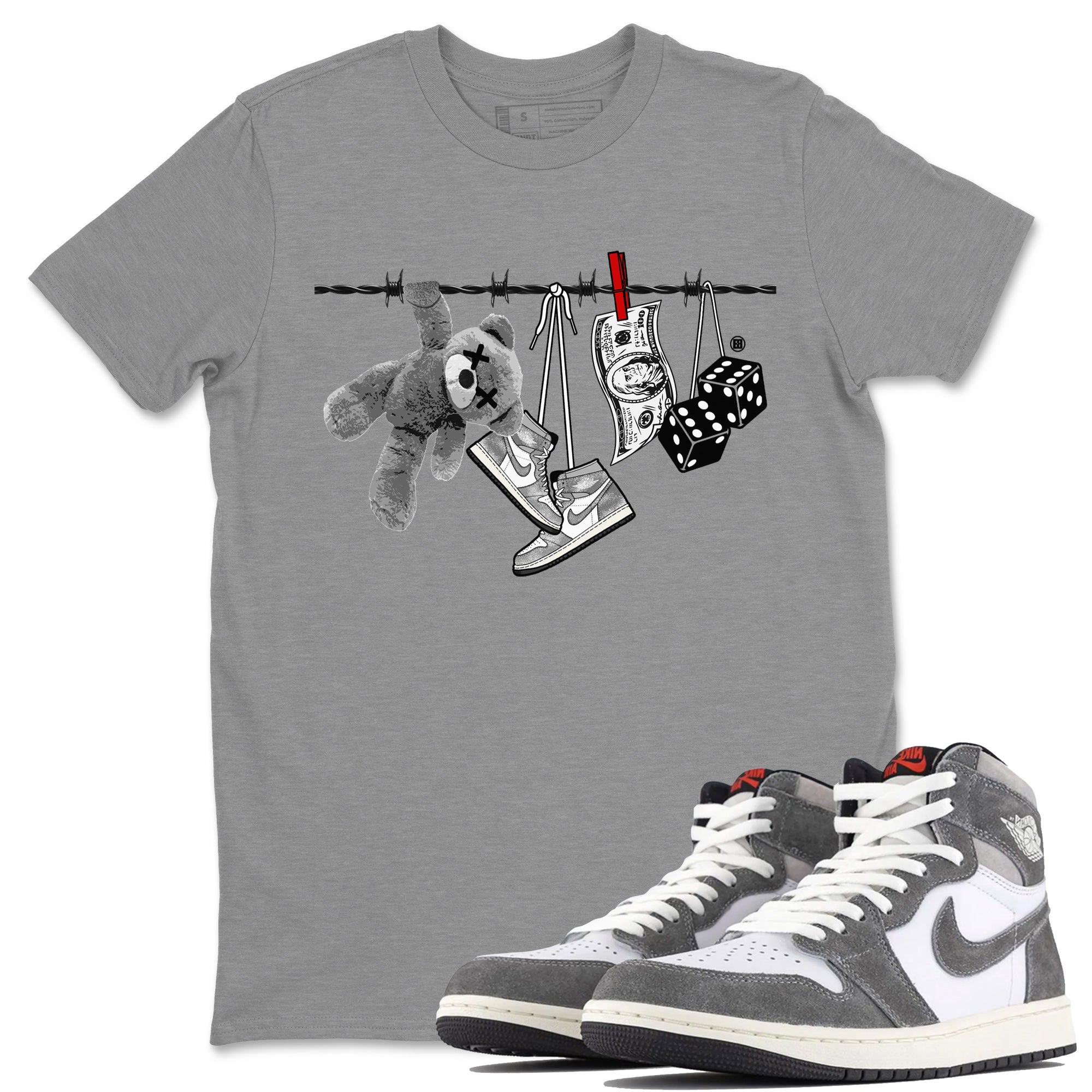 Air Jordan 1 Washed Heritage Sneaker Match Tees Clothesline Streetwear Sneaker Shirt Air Jordan 1 High OG Washed Heritage Clothes Unisex Shirts Heather Grey 1