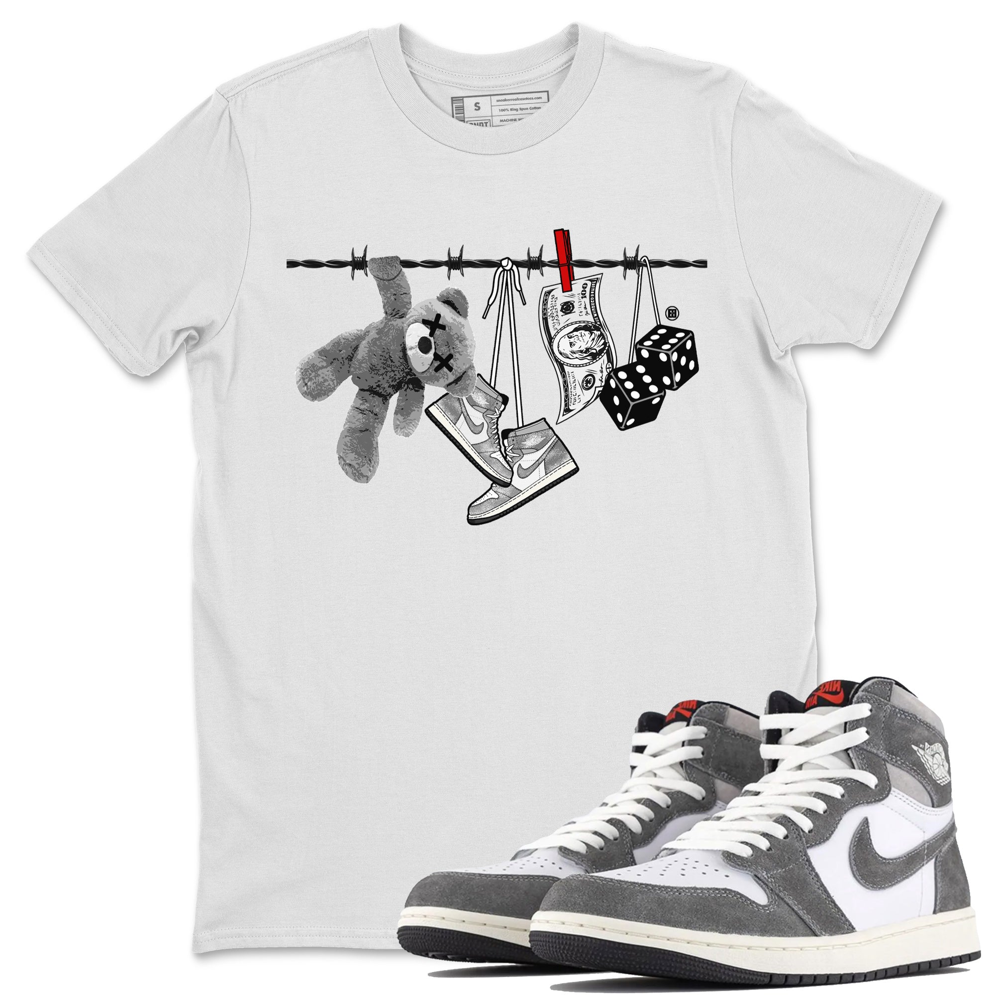 Air Jordan 1 Washed Heritage Sneaker Match Tees Clothesline Streetwear Sneaker Shirt Air Jordan 1 High OG Washed Heritage Clothes Unisex Shirts White 1